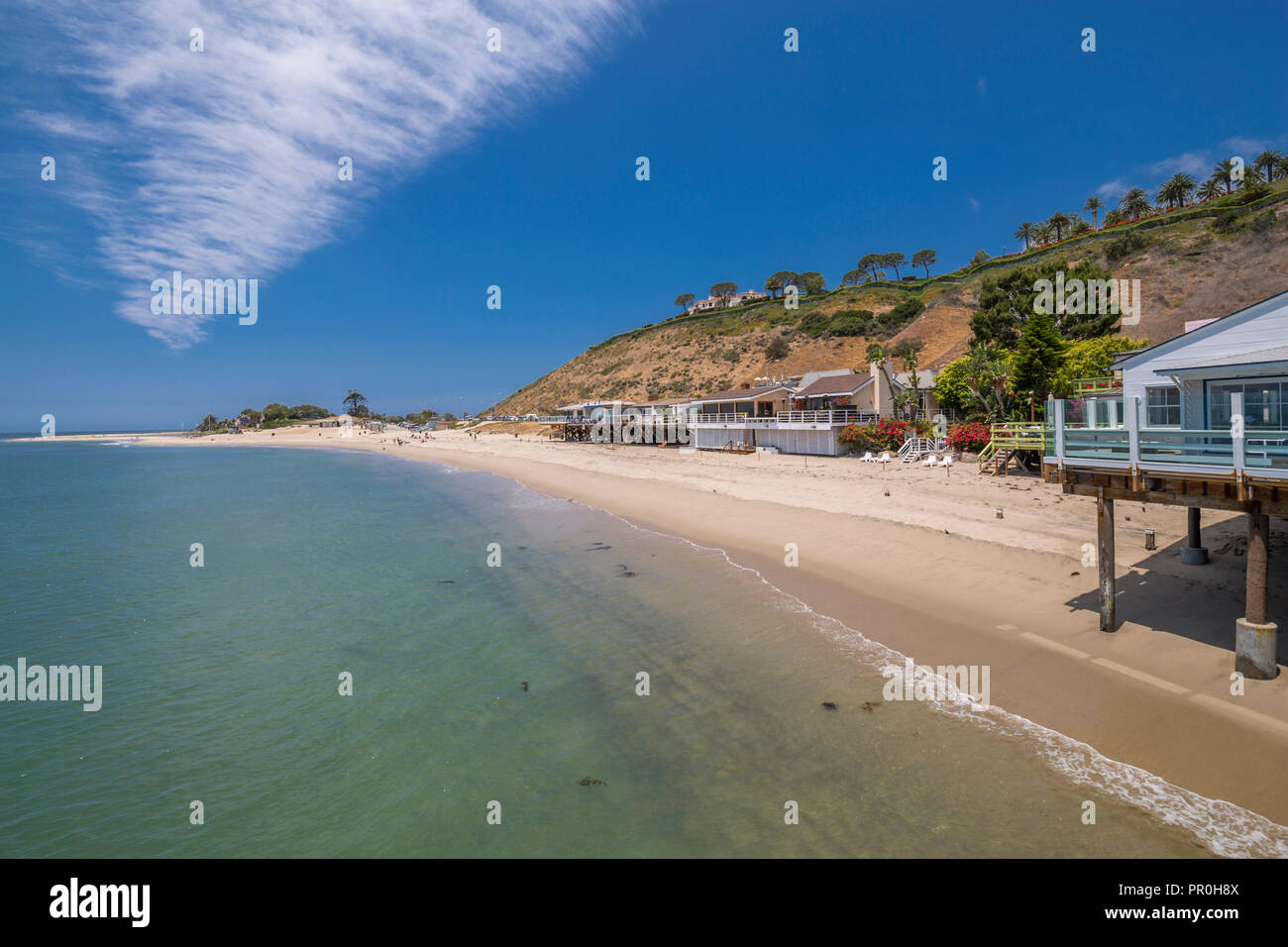 Blick auf den Strand von Malibu Malibu Pier, Malibu, Kalifornien, Vereinigte Staaten von Amerika, Nordamerika Stockfoto
