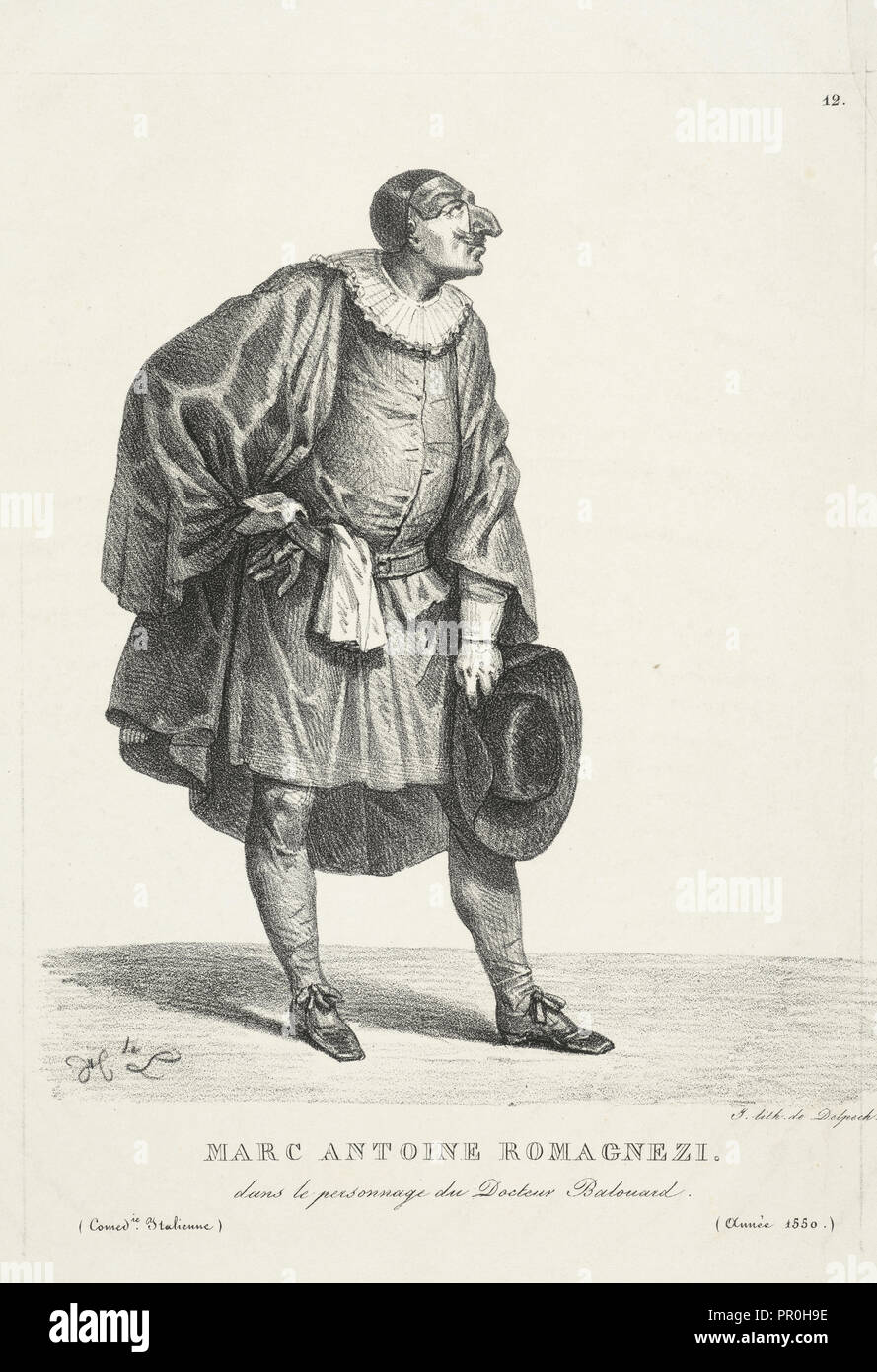Marc Antoine Romagnezi dans le personnage du docteur Balouard, italienische Theater druckt, Kreide Lithographie, 1550 Stockfoto