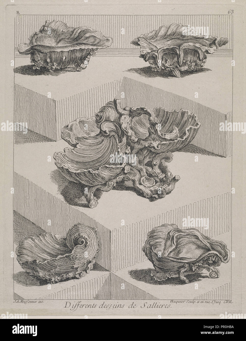 Differents desseins de sallieres, Ornament Drucke Sammlung, Oeuvre de Juste Aurele Meissonnier Sculpteur Peintre architecte Stockfoto