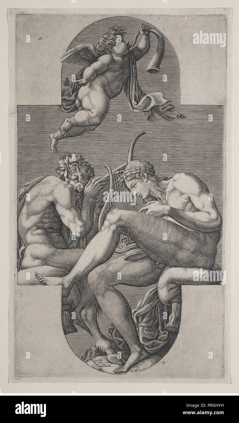 Apollo, Pan und ein putto weht ein Horn, Giorgio Ghisi, 1520-1582, Lafréry, Antoine, 1512-1577, Primaticcio, Francesco, 1504 Stockfoto