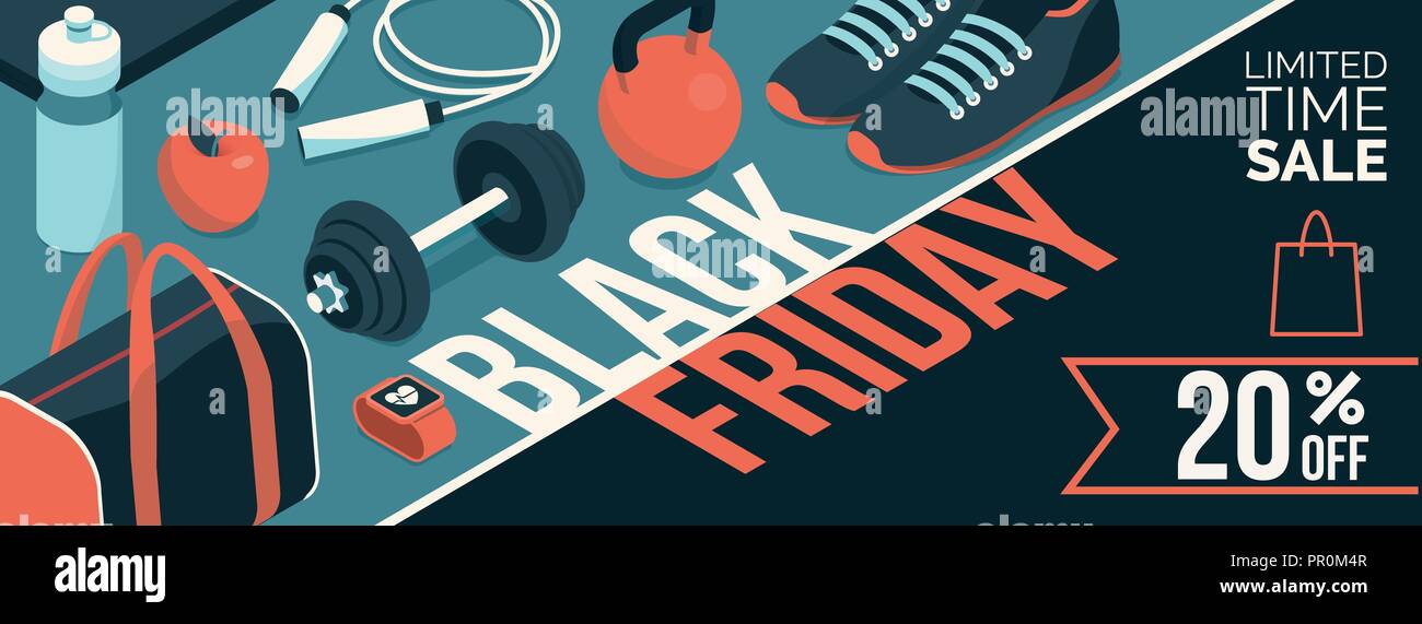 Schwarzer Freitag Werbemittel Verkauf shopping Banner mit Produkten und Rabatt: Sport- und Trainingsgeräte Stock Vektor