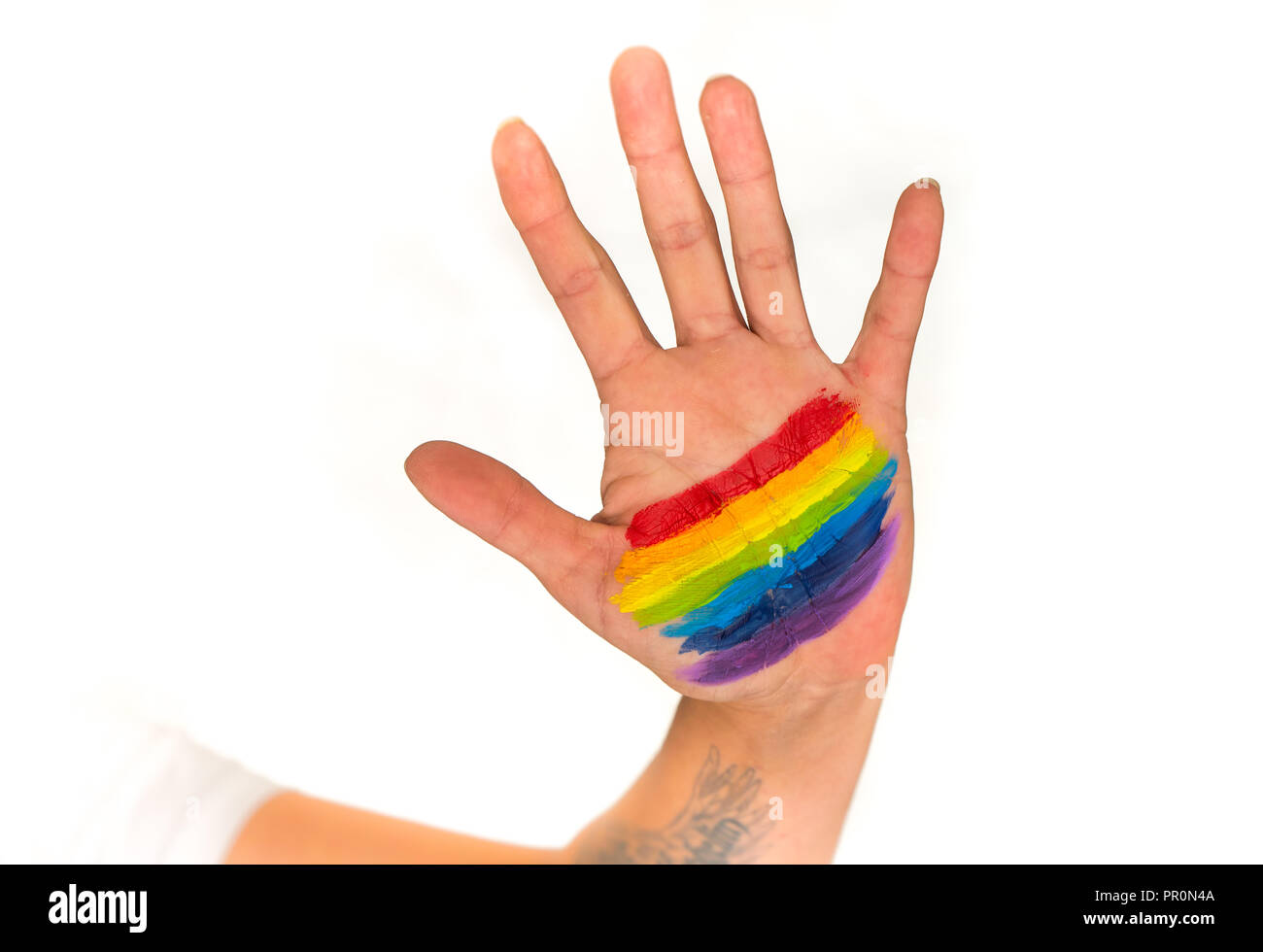 Hand auf Regenbogen Farben auf isoliert weißer Hintergrund gemalt Stockfoto