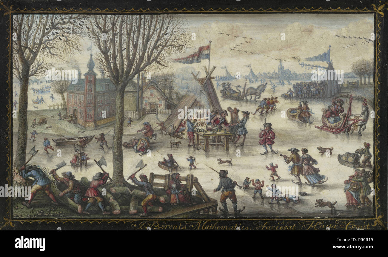 Winterlandschaft mit zahlreichen Abbildungen auf einem zugefrorenen Fluss; Jan Berents, Niederländisch, ca. 1679 - nach 1733, Niederlande; über 1723 Stockfoto
