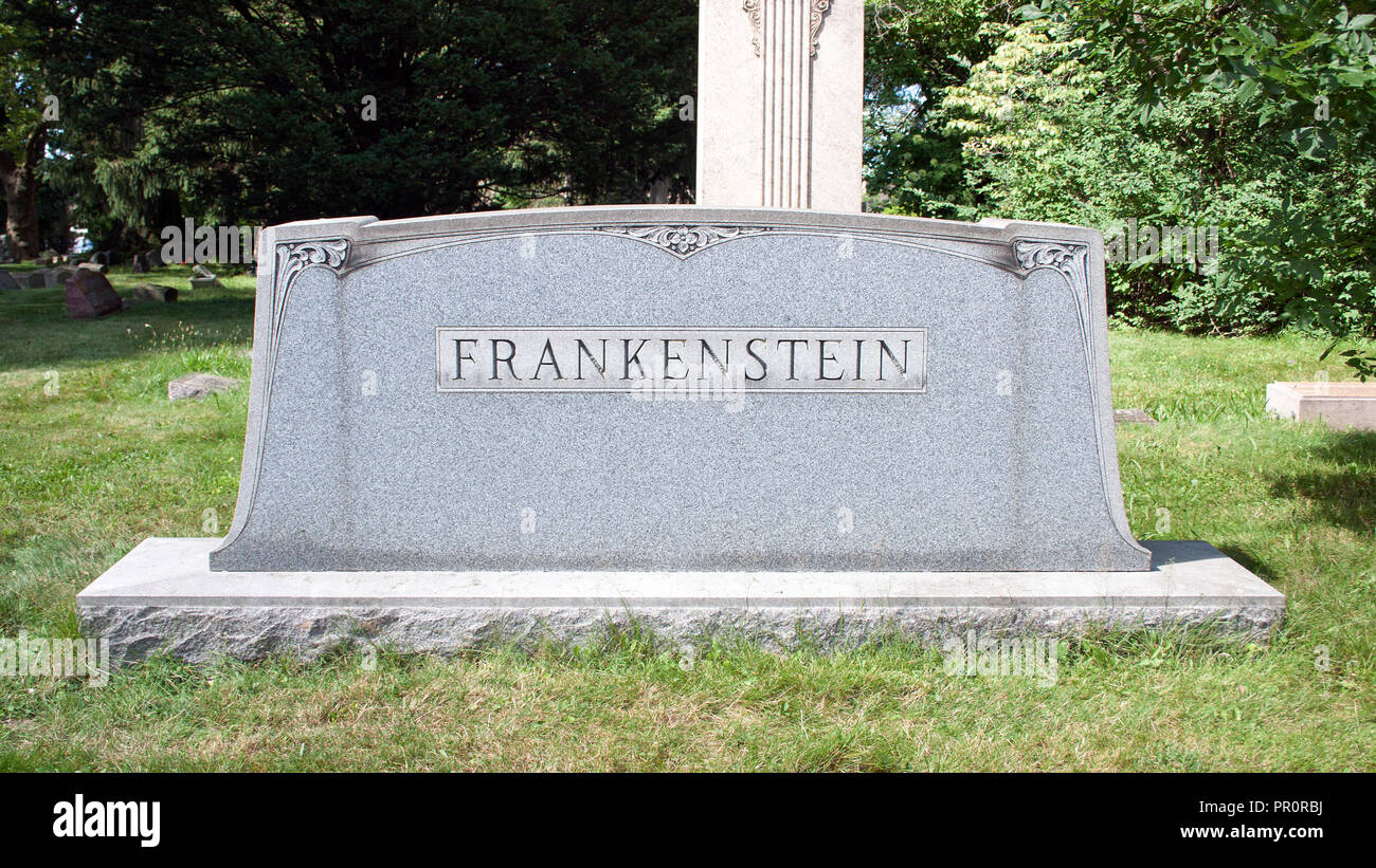 Grabmal mit der Aufschrift „Frankenstein“ auf einem Friedhof in Canton, Ohio – ein unheimlicher und unerwarteter Name unter den Grabsteinen. Stockfoto