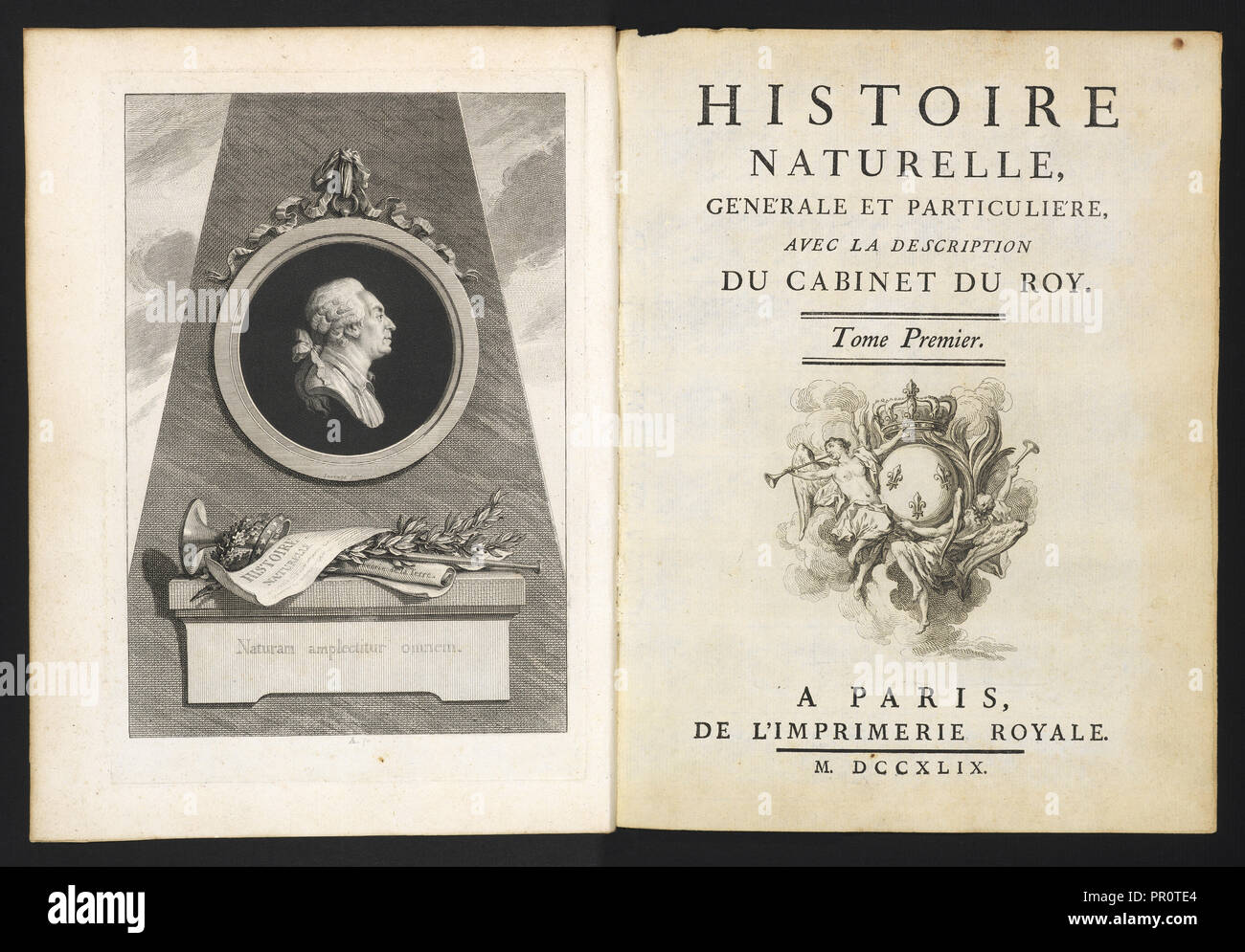 Frontispiz und Titel Seite, Histoire Naturelle générale et particulière: Avec la Beschreibung du Cabinet de Roi, Buffon Stockfoto