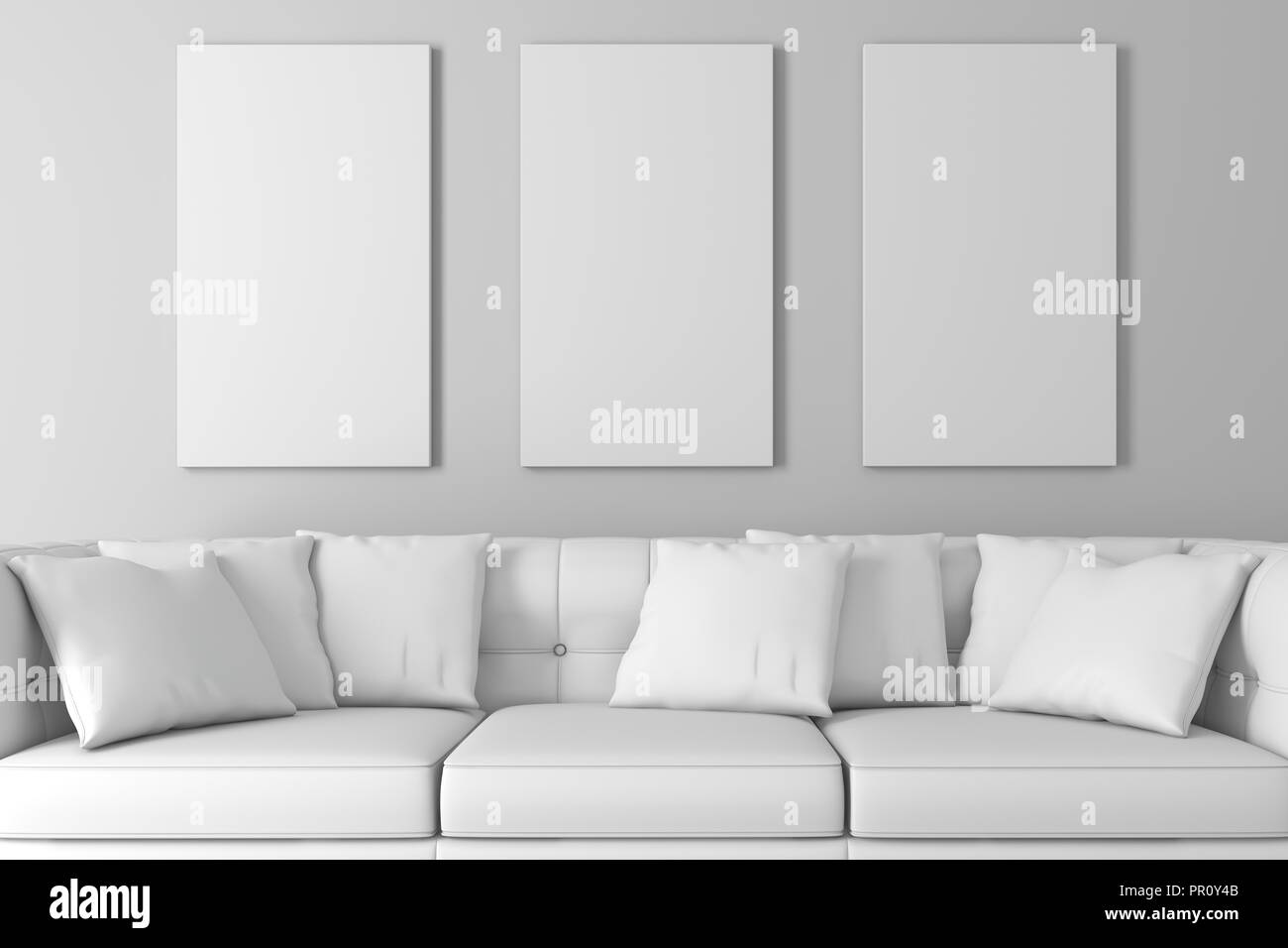 3d Innenraum setup mit Couch und ein leeres Plakat Stockfoto