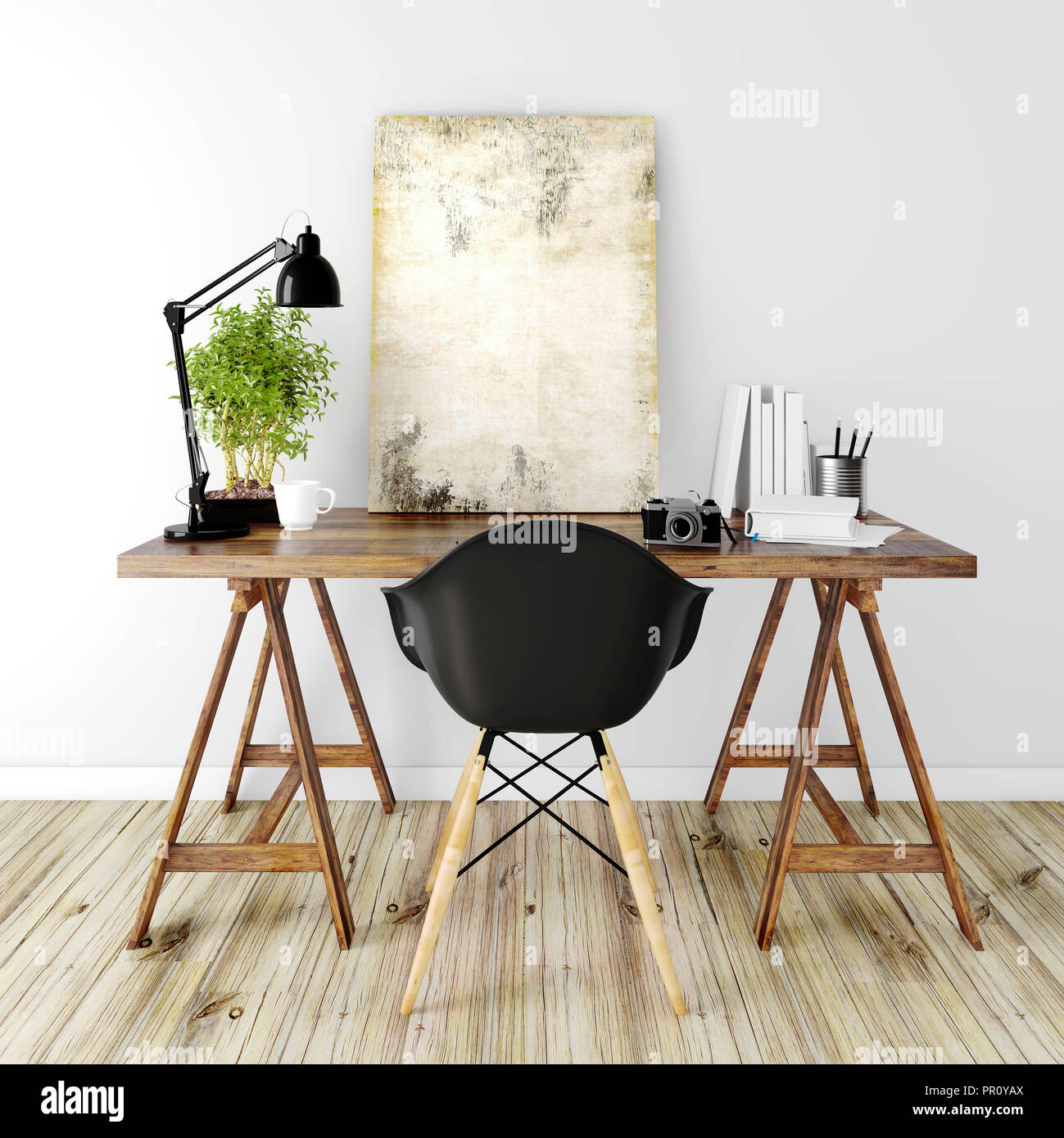 3D-Render von innen am Arbeitsplatz Stockfoto