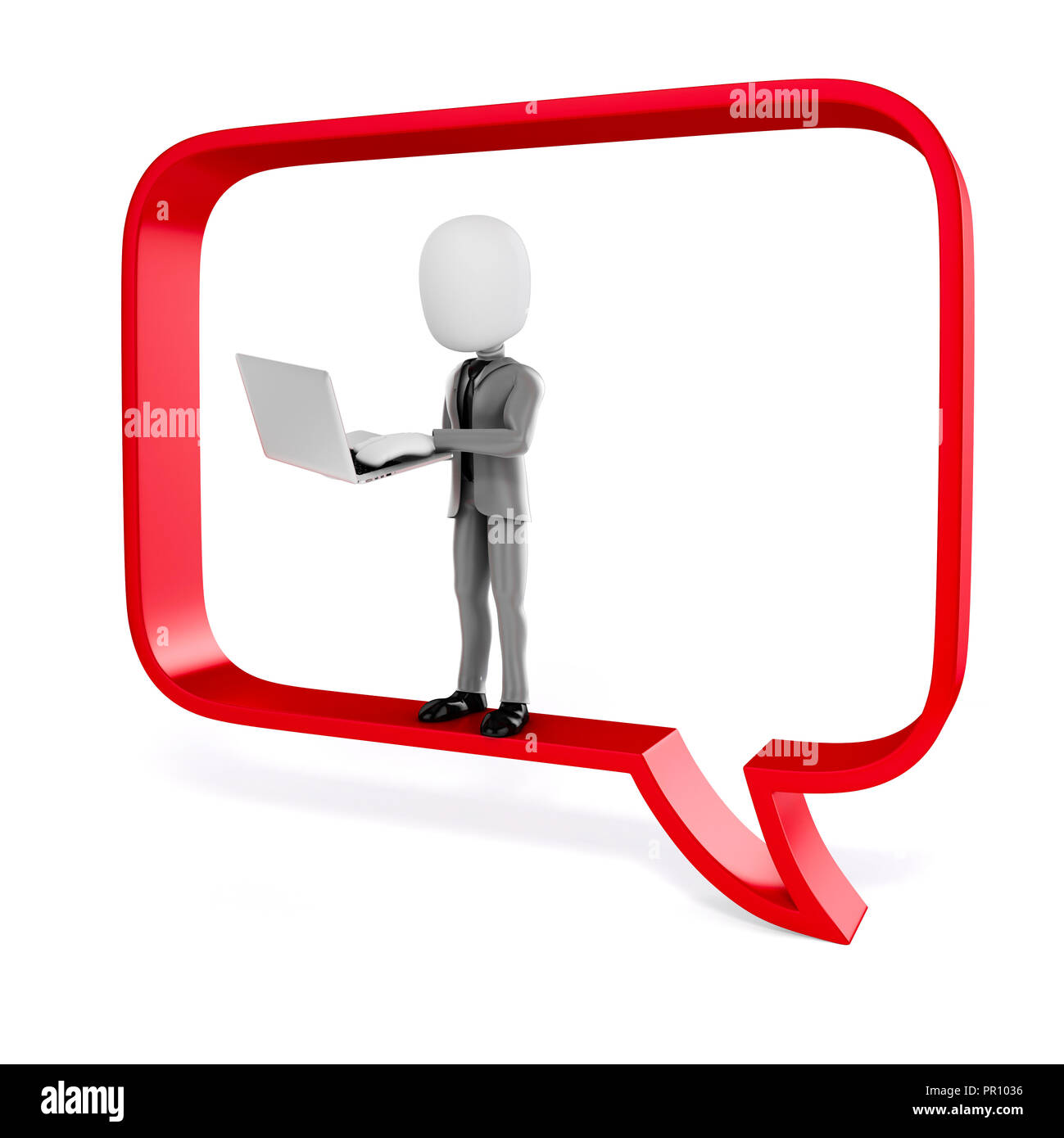 3d Mann mit Laptop in eine große rote Blase sprechen Stockfoto