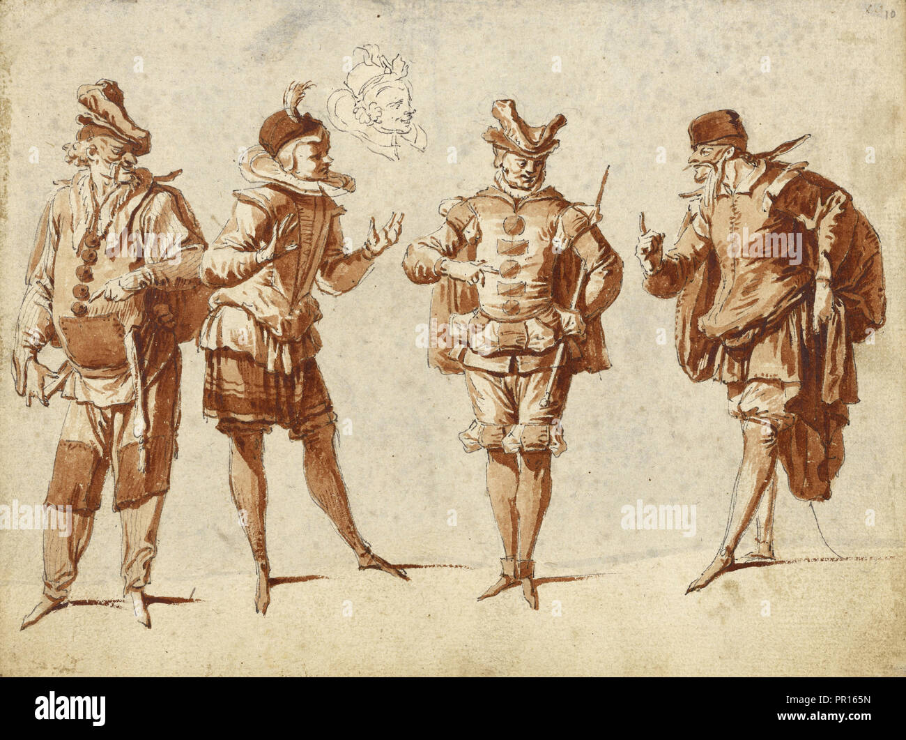 Vier Figuren in theatralischen Kostüm; Claude Gillot, Französisch, 1673-1722, 1710; Stift und graue Tinte und Bürste mit roten Waschen Stockfoto
