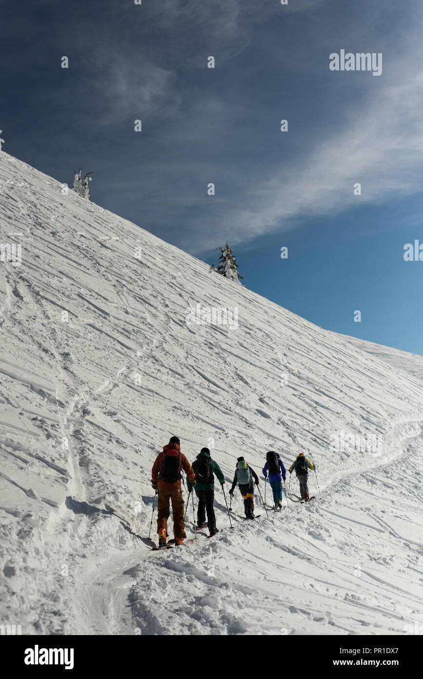 Gruppe von Skifahrern zu Fuß auf einem schneebedeckten Berg Stockfoto