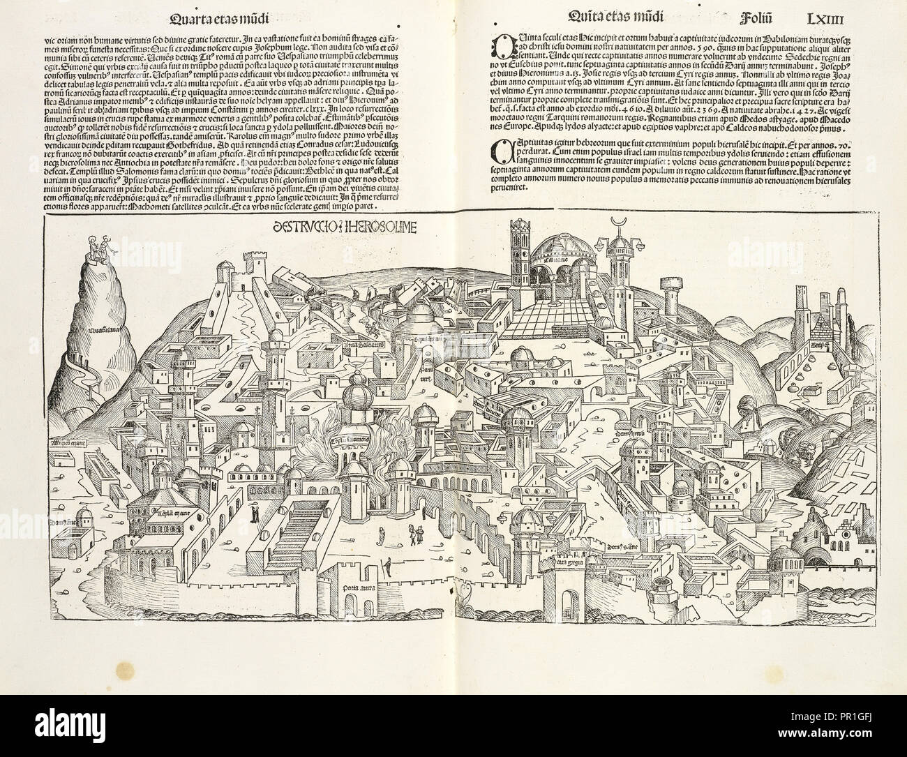 Destruccio Iherosolime, Registrum huius operis libri cronicarum Cu, m, Figuris et ymagi, nibus ab Inicio mundi, Pleydenwurff Stockfoto