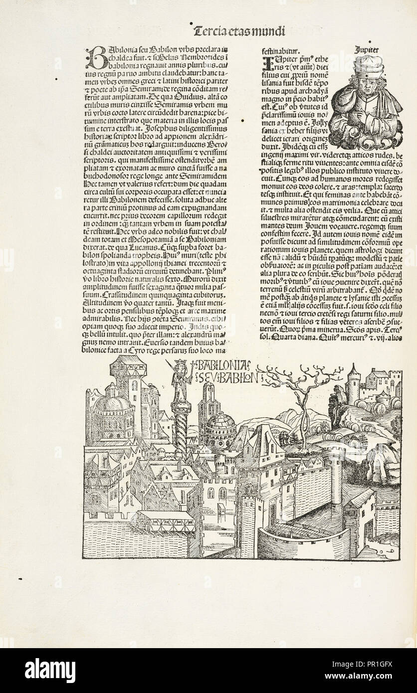 Babilonia seu Babilon, Registrum huius operis libri cronicarum Cu, m, Figuris et ymagi, nibus ab Inicio mundi, Pleydenwurff Stockfoto