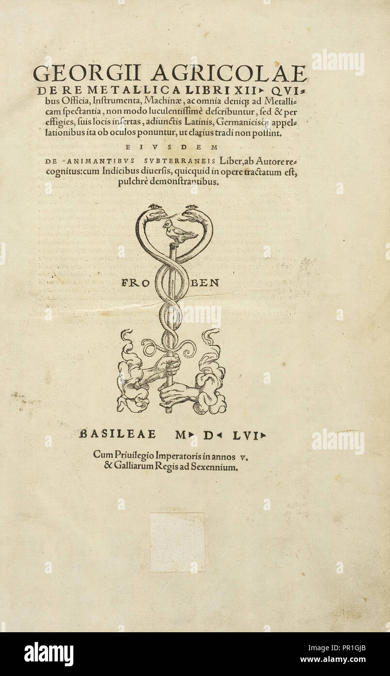 Titelseite, Georgii: Agricolae De re metallica Libri XII. "Officia" untereinander, Quibus instrumenta, Machinae, ac Omnia deni Stockfoto