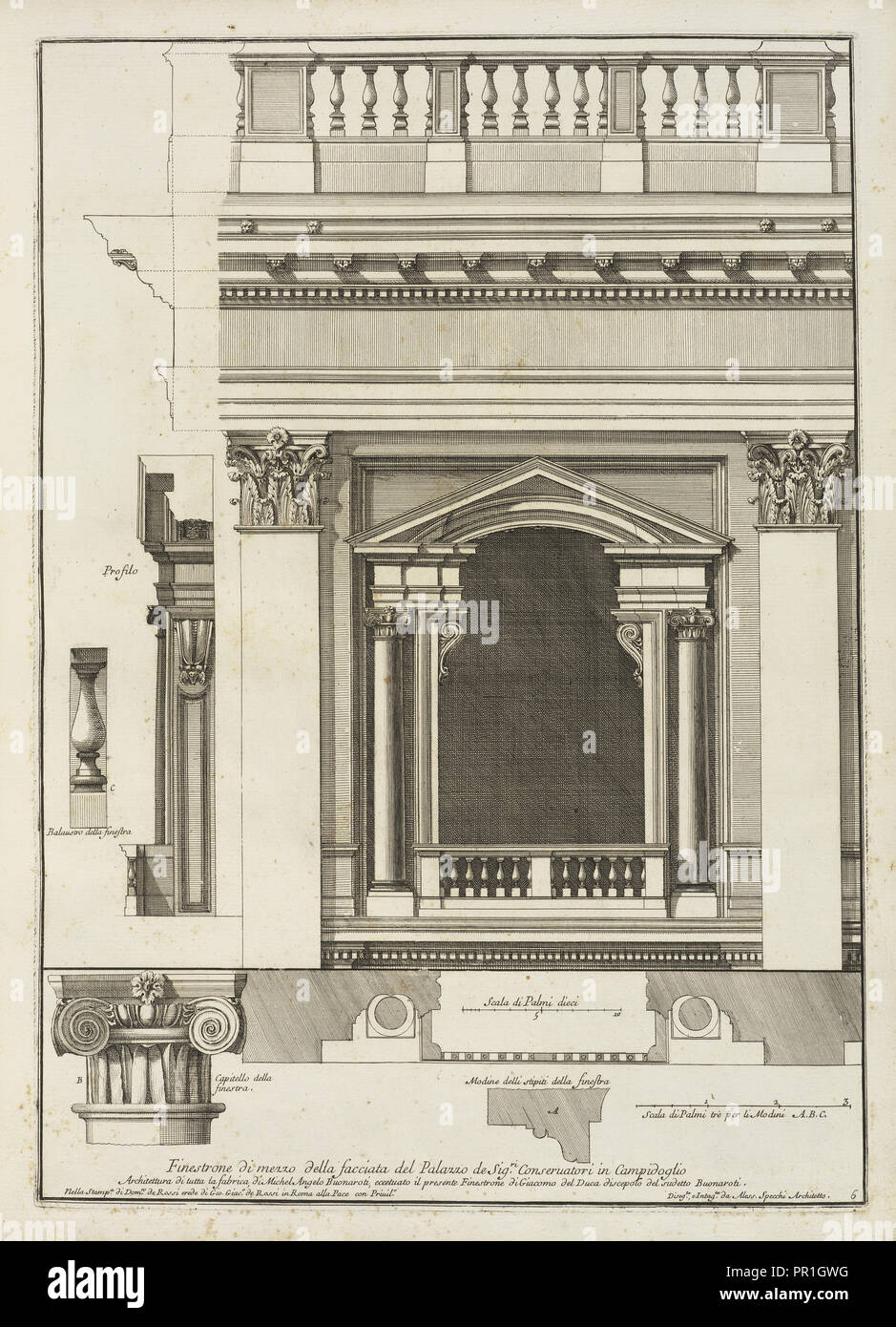 Finestrone di Mezzo della facciata del Palazzo de Sigri. Conseruatori in Campidoglio, Stvdio d'civile architettvra Sopra Stockfoto