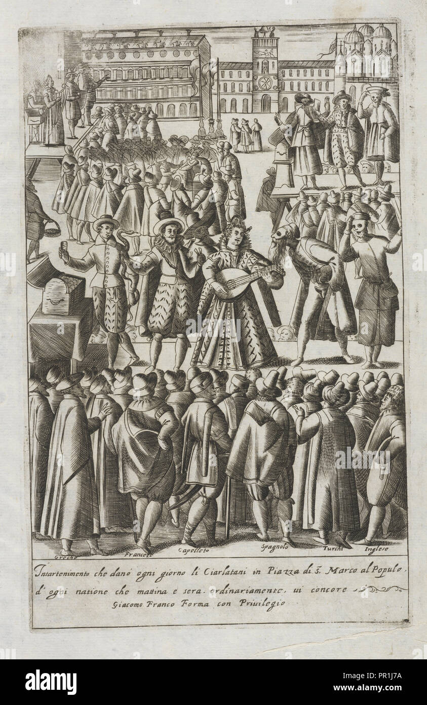 Ciarlatani in der Piazza di S. Marco, Habiti d'hvomeni et Donne venetiane, Franco, Giacomo, 1550-1620, Gravur, schwarz-weiß Stockfoto