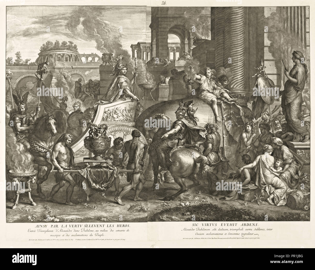 Den triumphalen Einzug in Babylon, Schlachten von Alexander, Audran, Gérard, 1640-1703, nach Le Brun, Karl, 1619-1690, Ätzen Stockfoto
