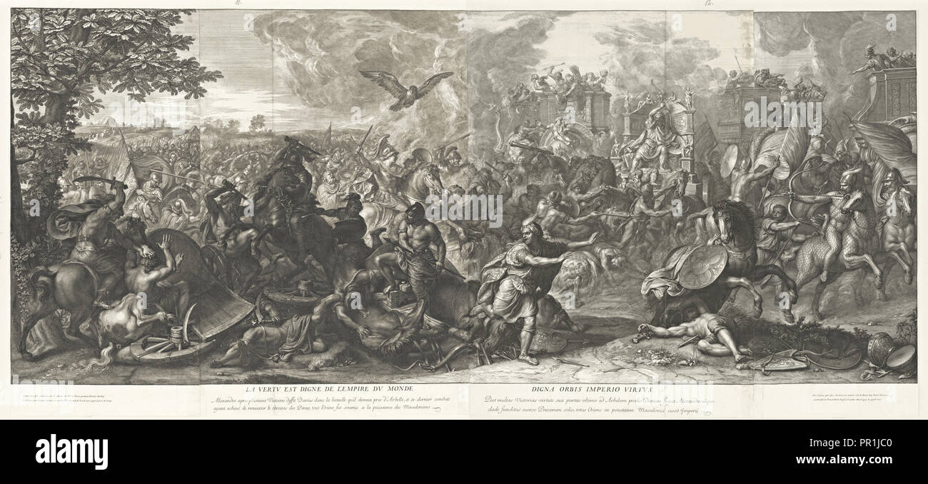 Schlacht von Arbela, Schlachten von Alexander, Audran, Gérard, 1640-1703, nach Le Brun, Karl, 1619-1690, Ätzen und Gravieren Stockfoto
