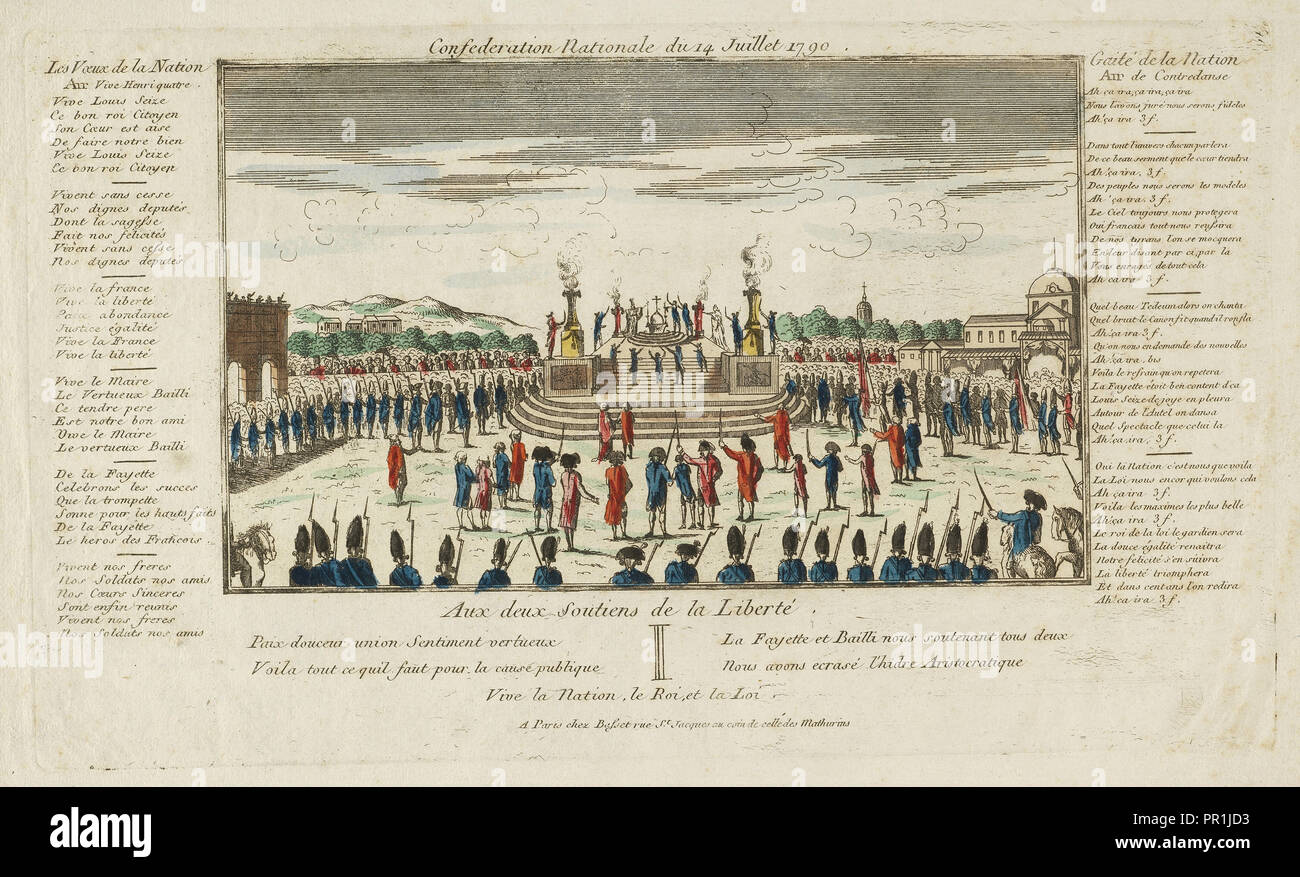 Bund nationale du 14 juillet 1790, druckt der Französischen Revolution, 1774 - Ca. 1840, Radierung, von Hand gefärbt, Ca. 1790 Stockfoto