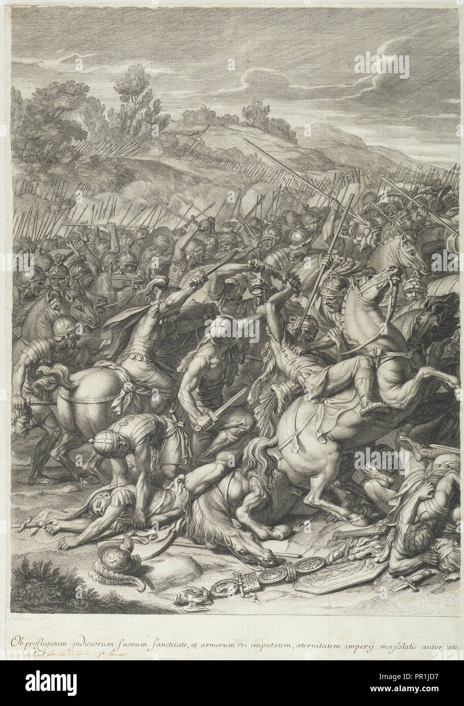 Schlacht an der Milvischen Brücke: Detail: linke Seite, Audran, Gérard, 1640-1703, nach Le Brun, Karl, 1619-1690, Ätzen Stockfoto