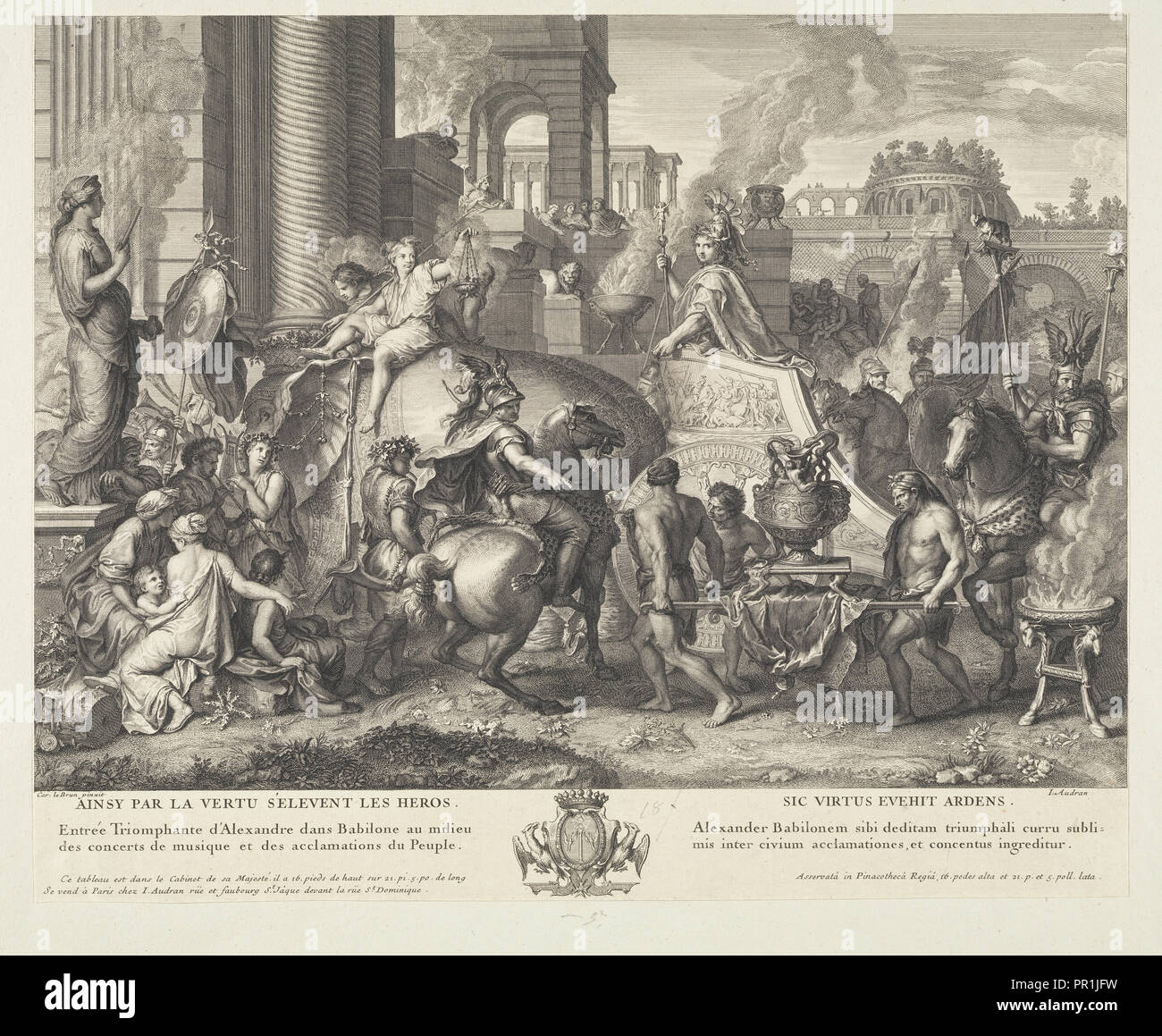 Den triumphalen Einzug in Babylon, Schlachten von Alexander, Audran, Benoît, 1661-1721, Audran, Jean, 1667-1756, Le Brun, Charles, 1619 Stockfoto
