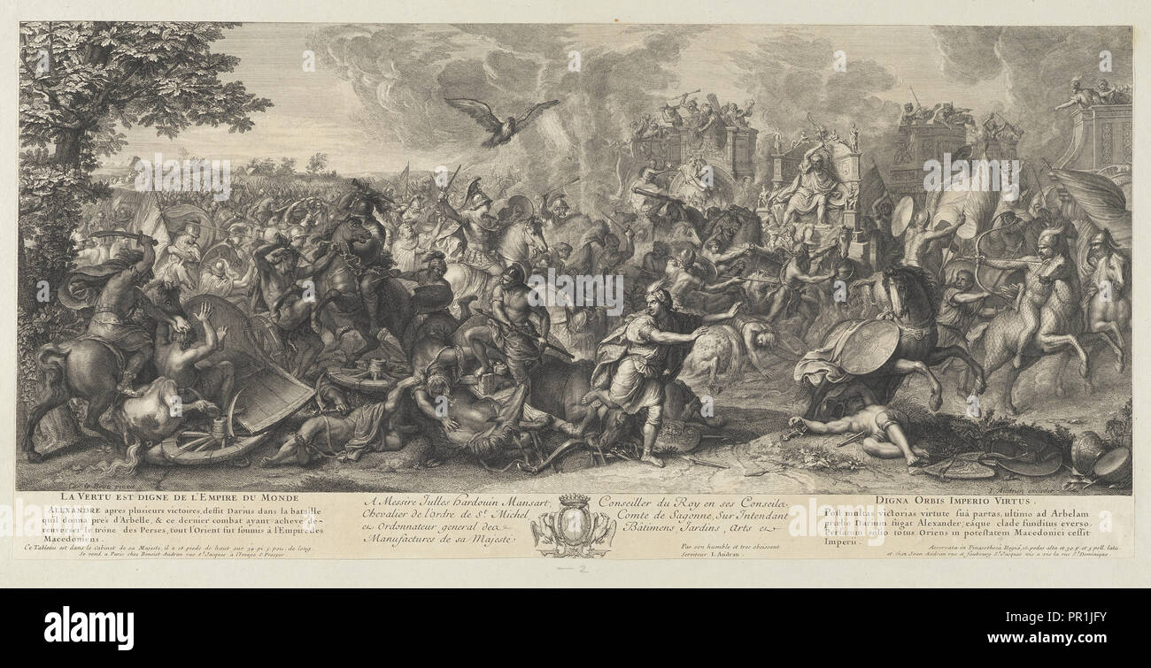 Schlacht von Arbela, Schlachten von Alexander, Audran, Benoît, 1661-1721, Audran, Jean, 1667-1756, Le Brun, Karl, 1619-1690, Ätzen Stockfoto