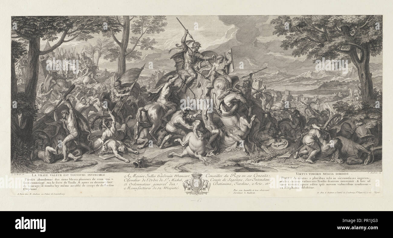 Poros in der Schlacht, Schlachten von Alexander, Audran, Benoît, 1661-1721, Audran, Jean, 1667-1756, Le Brun, Karl, 1619-1690, Ätzen Stockfoto