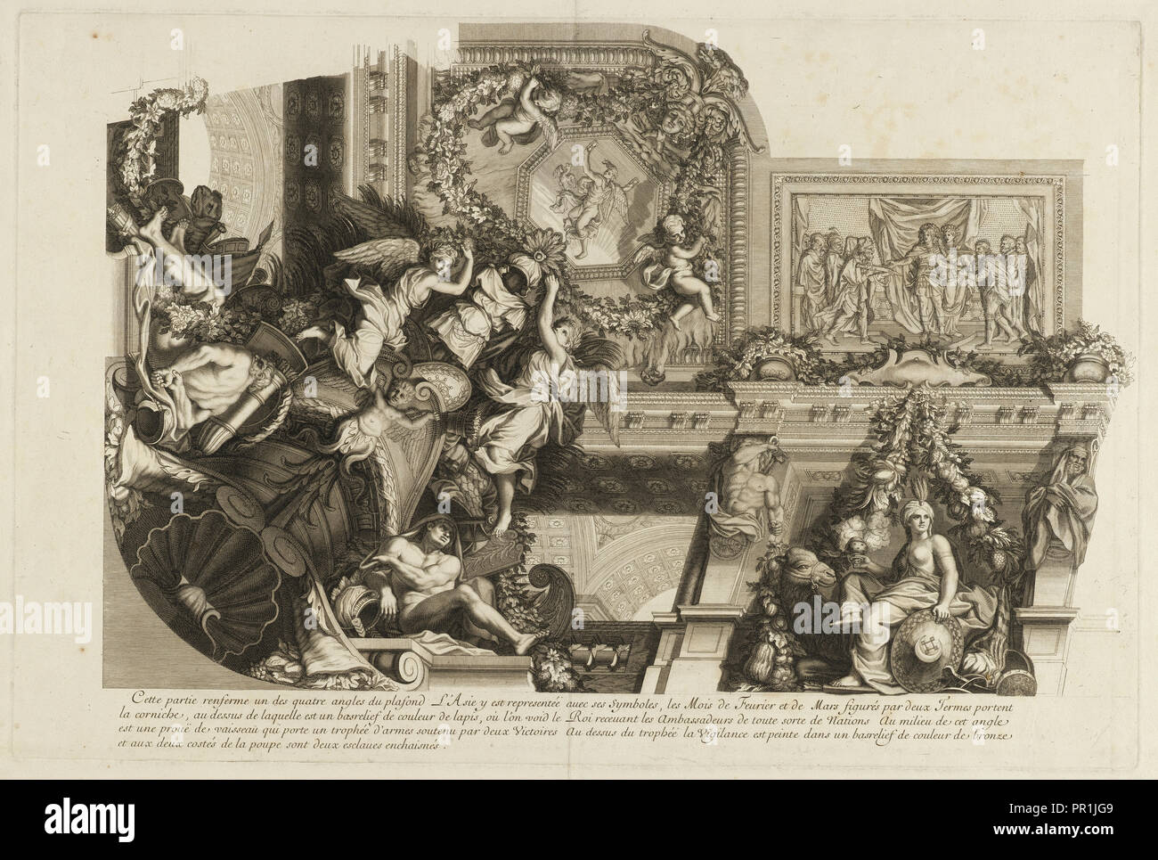 L'Asie, Le Grand Escalier de Versailles, Baudet, Etienne, 1638-1711, Le Brun, Karl, 1619-1690, Ätzung, Gravur Stockfoto
