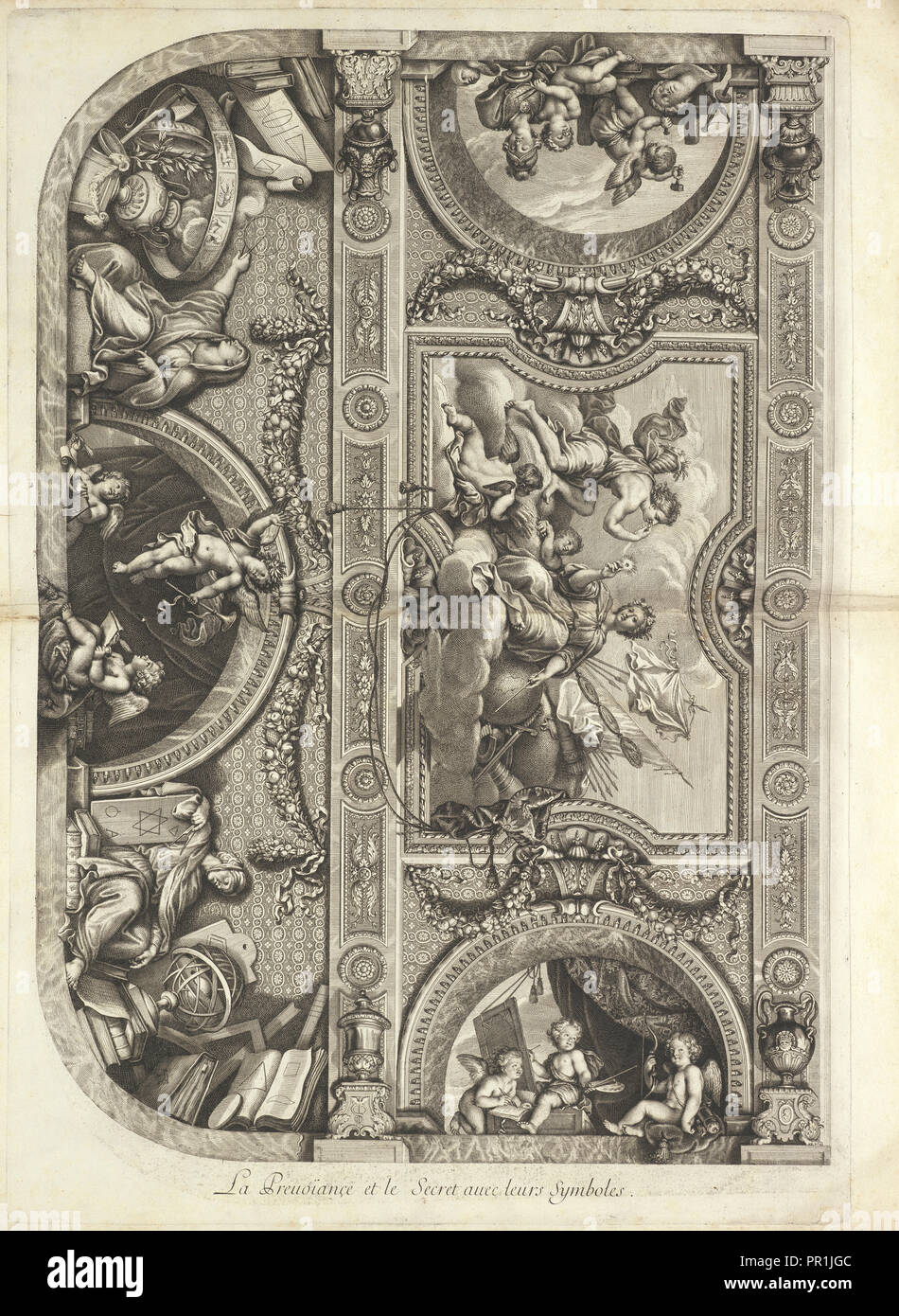 La Preuoïançe et le Secret auec leurs Symbole, Gravuren von Fresken in Versailles und St. Cloud, Audran, Gérard, 1640-1703 Stockfoto