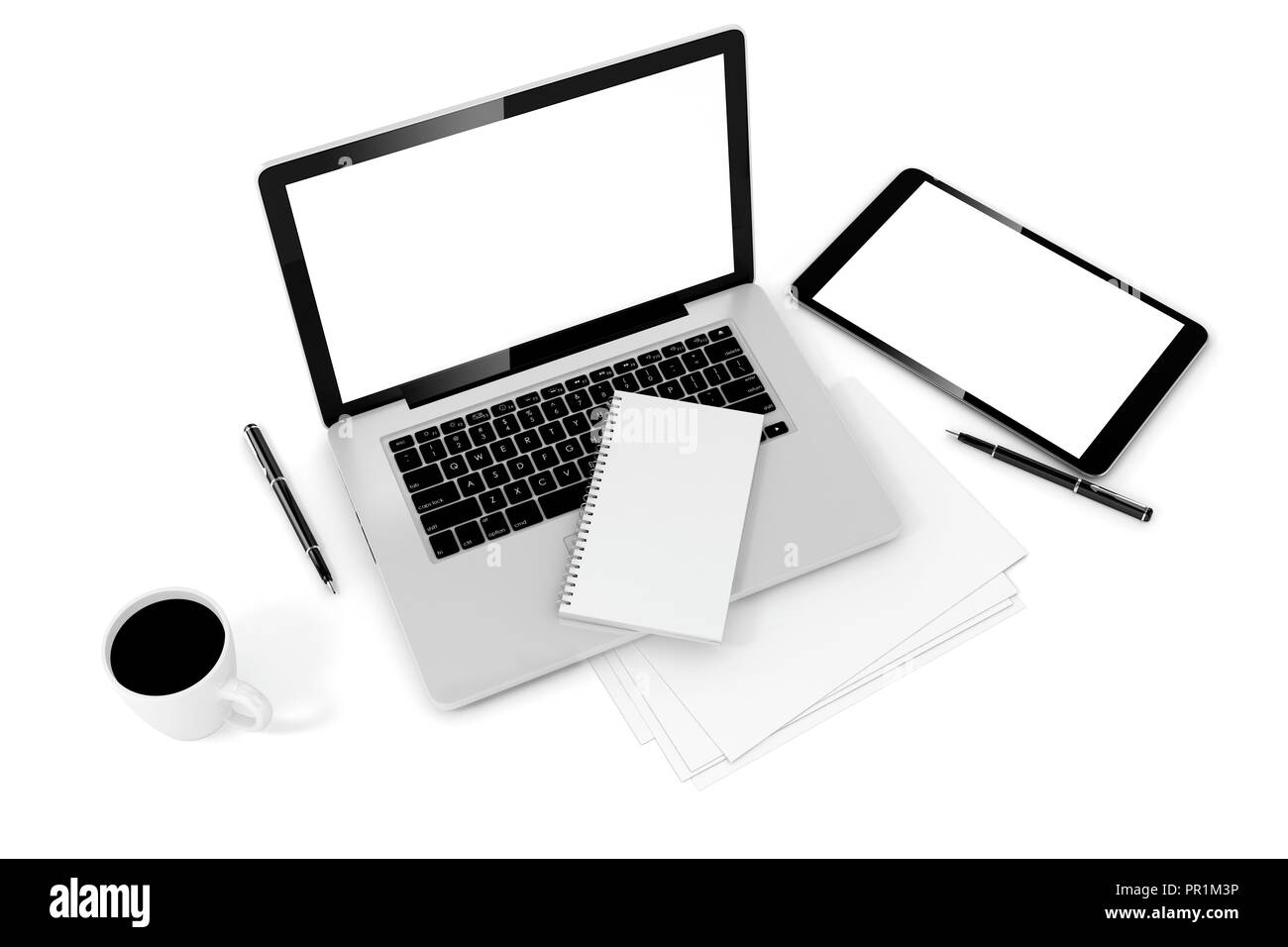 3d-Schreibtisch mit Computer und Dokumente Stockfoto