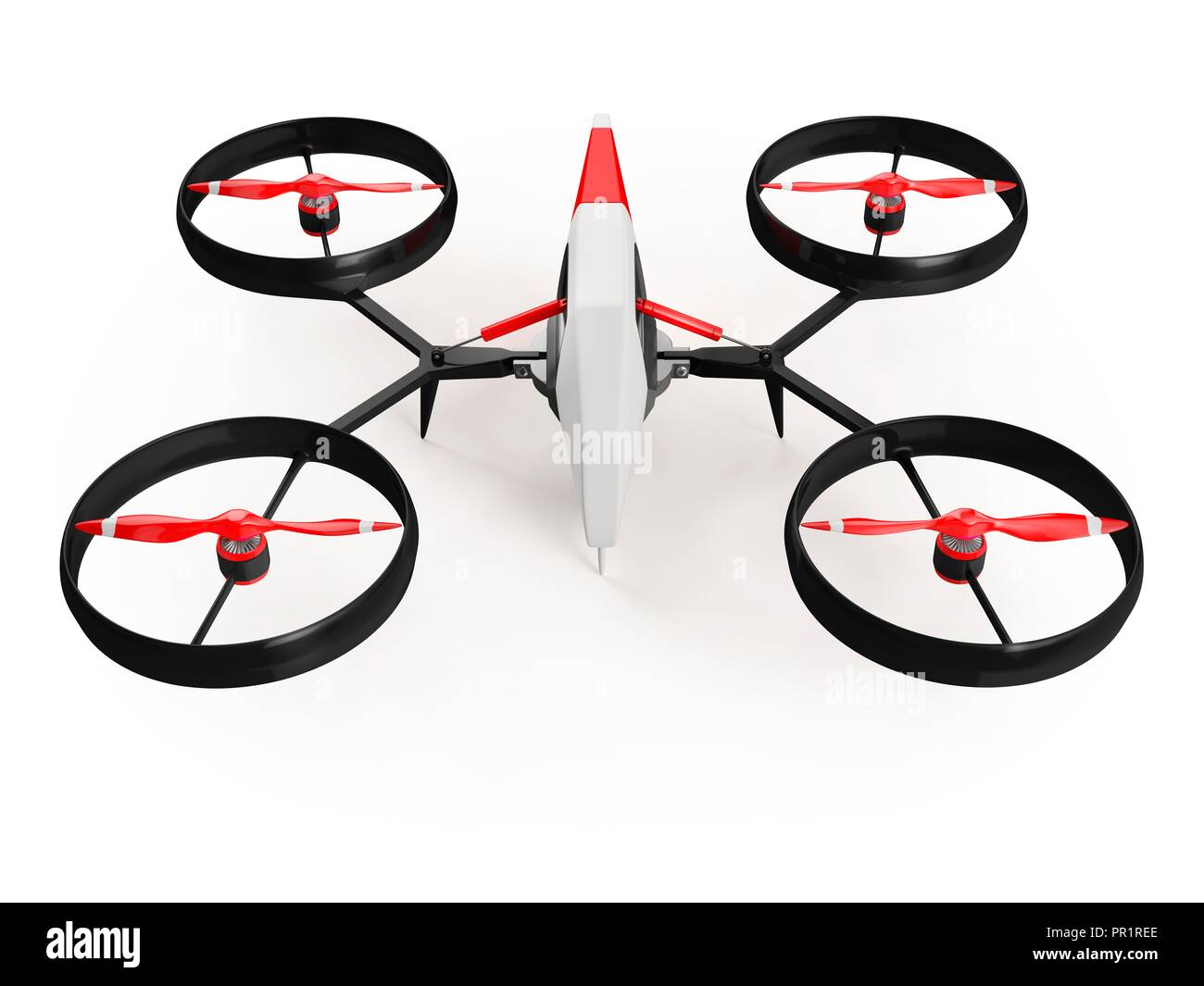 Quadcopter drone mit roten Propeller, Illustration. Stockfoto