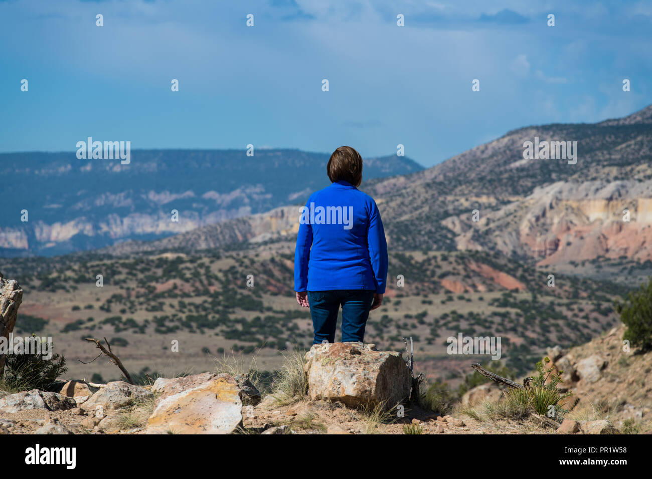 Frau trägt ein blaues Fleece Pullover mit Blick auf eine große bunte Landschaft und stürmischen Wolken im amerikanischen Südwesten Stockfoto