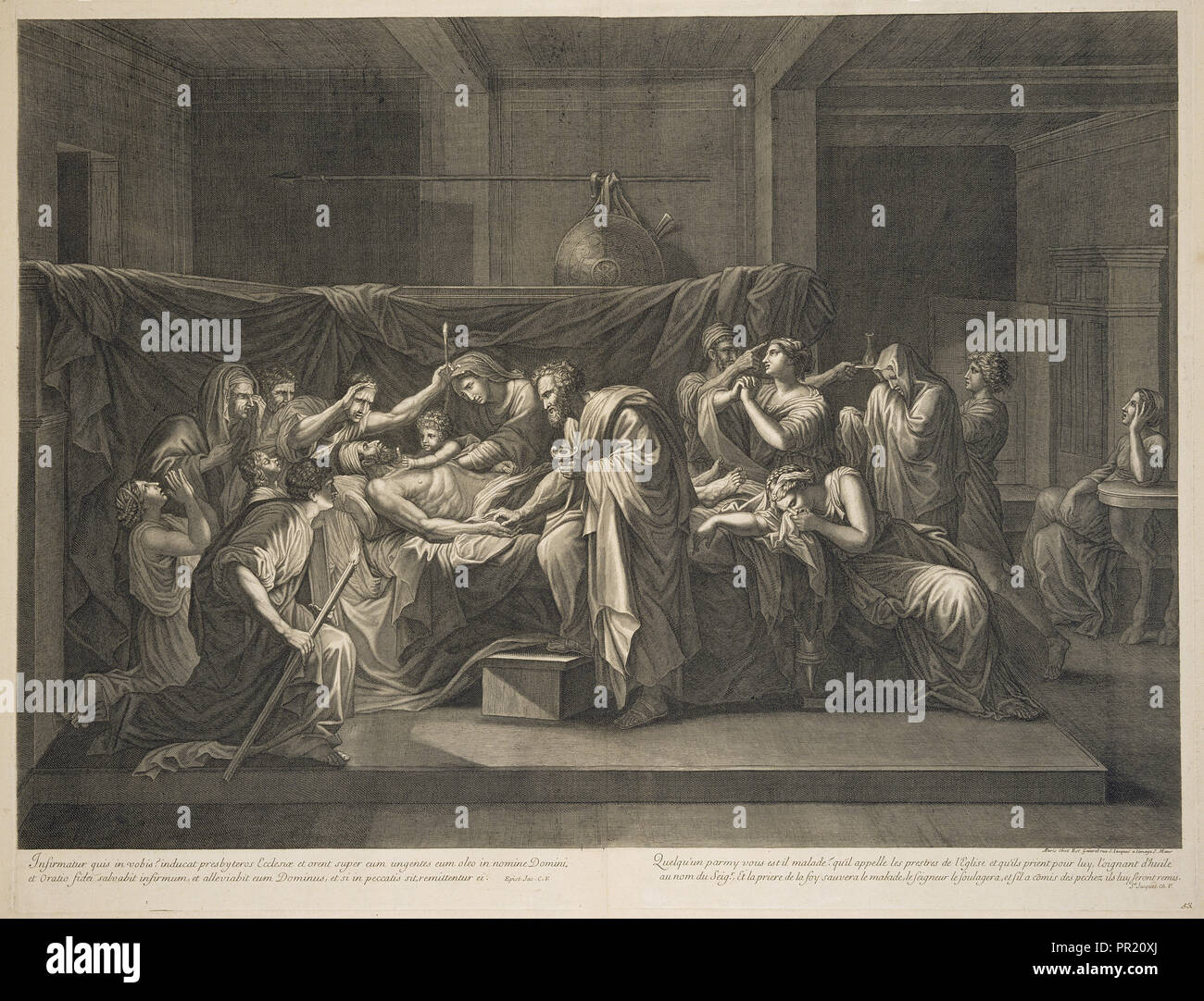 Die letzte Ölung, drucken Sie nach dem Gemälde von Nicolas Poussin, Gantrel, Etienne, 1646-1706, Pesne, Jean, 1623-1700, Poussin, Nicolas Stockfoto