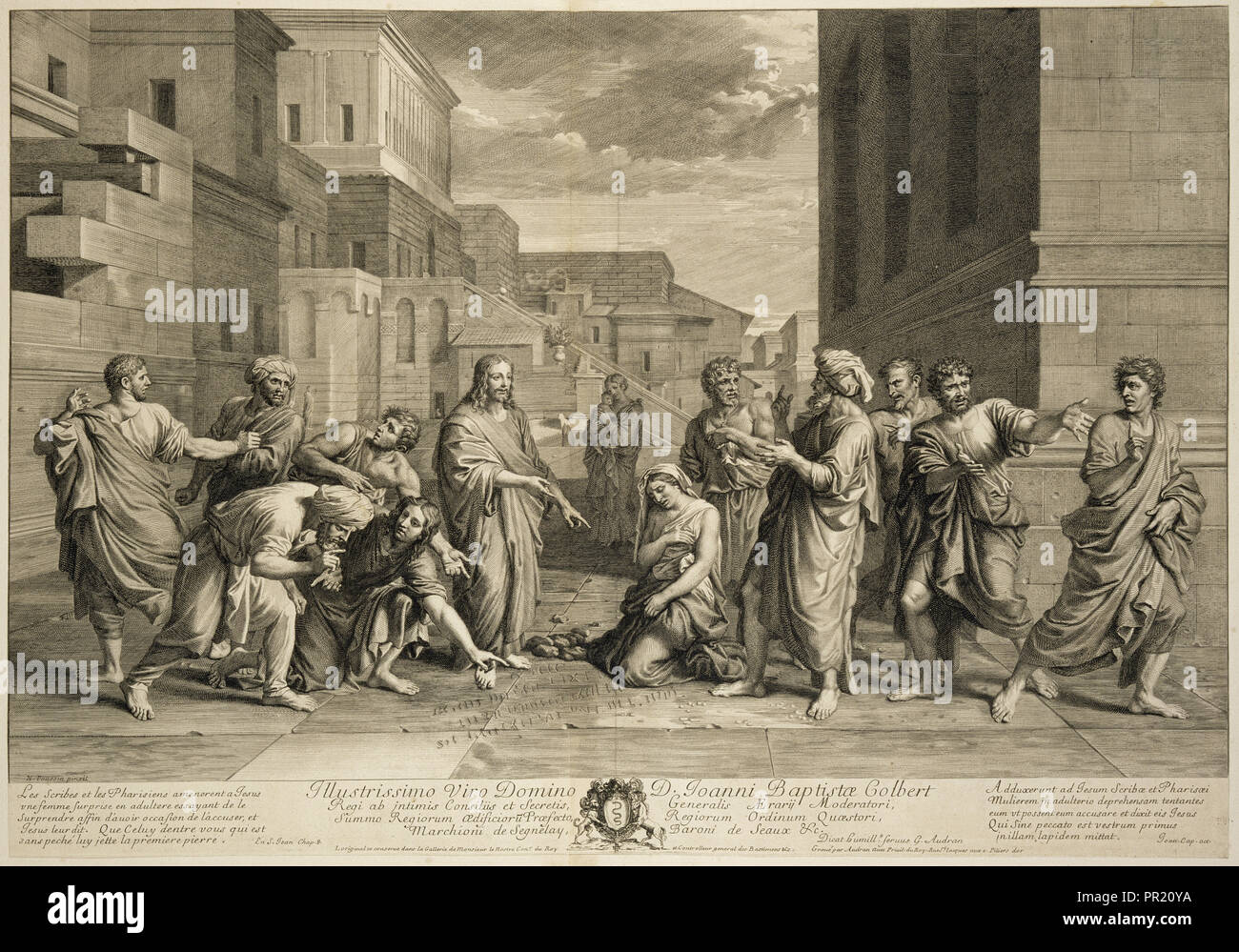 Christus und die Ehebrecherin, Drucke nach Gemälde von Nicolas Poussin, Audran, Gérard, 1640-1703, Poussin, Nicolas Stockfoto