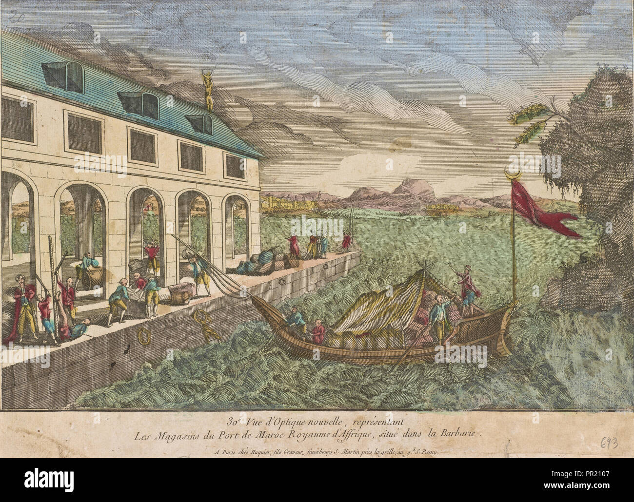 Les Magasins du Pont de Maroc Royaume d'Affrique, afrikanische Vues d'optique, Jacques Gabriel Huquier, Gravieren, Hand col Stockfoto