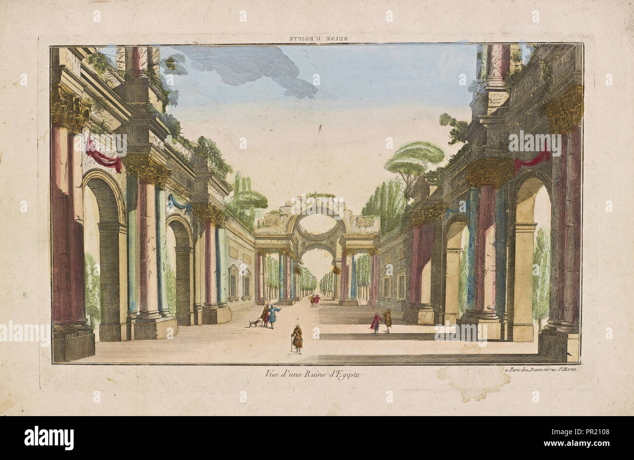 Vue d'une Ruine d'Egipte, afrikanische Vues d'optique, Daumont, Gravieren, Hand col., Unbekannt, Handdrucke ursprünglich farbig Stockfoto