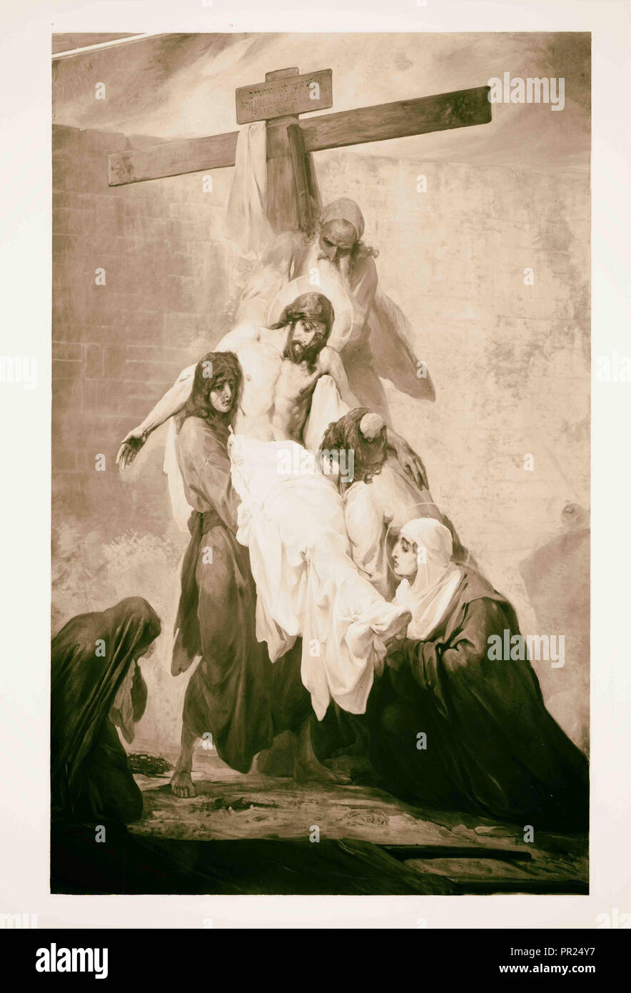 Einstellen von Bildern der Passion Christi, durch Kosheleff, in Russischen Hospiz, den Leib Christi aus dem Kreuz. 1898, Jerusalem Stockfoto