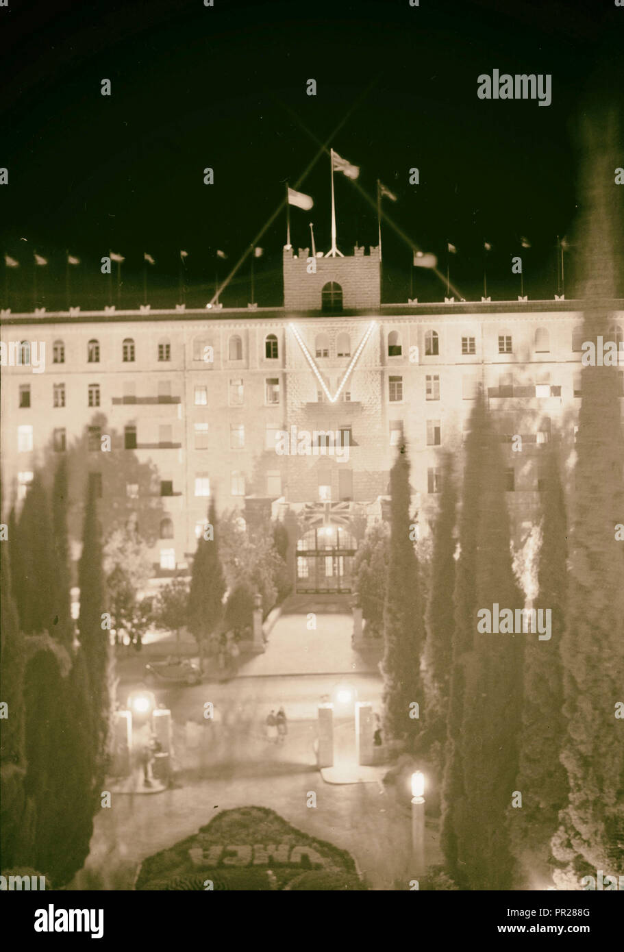 V.J. Tag, King David Hotel bei Nacht, Flutlicht. 1945, Jerusalem, Israel Stockfoto