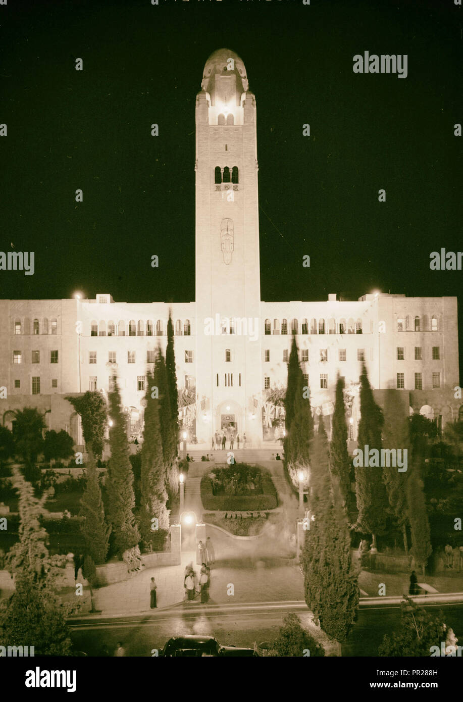 V.J. Tag, in der Nacht Y.M.C.A., Flutlicht. 1945, Jerusalem, Israel Stockfoto