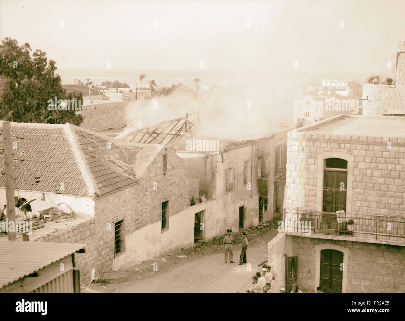 Haifa, aufgrund von terroristischen Handlungen und Maßnahmen der Regierung. H.M.S. Brandstiftung in einem jüdischen Viertel in Haifa. 1938, Israel, Haifa Stockfoto