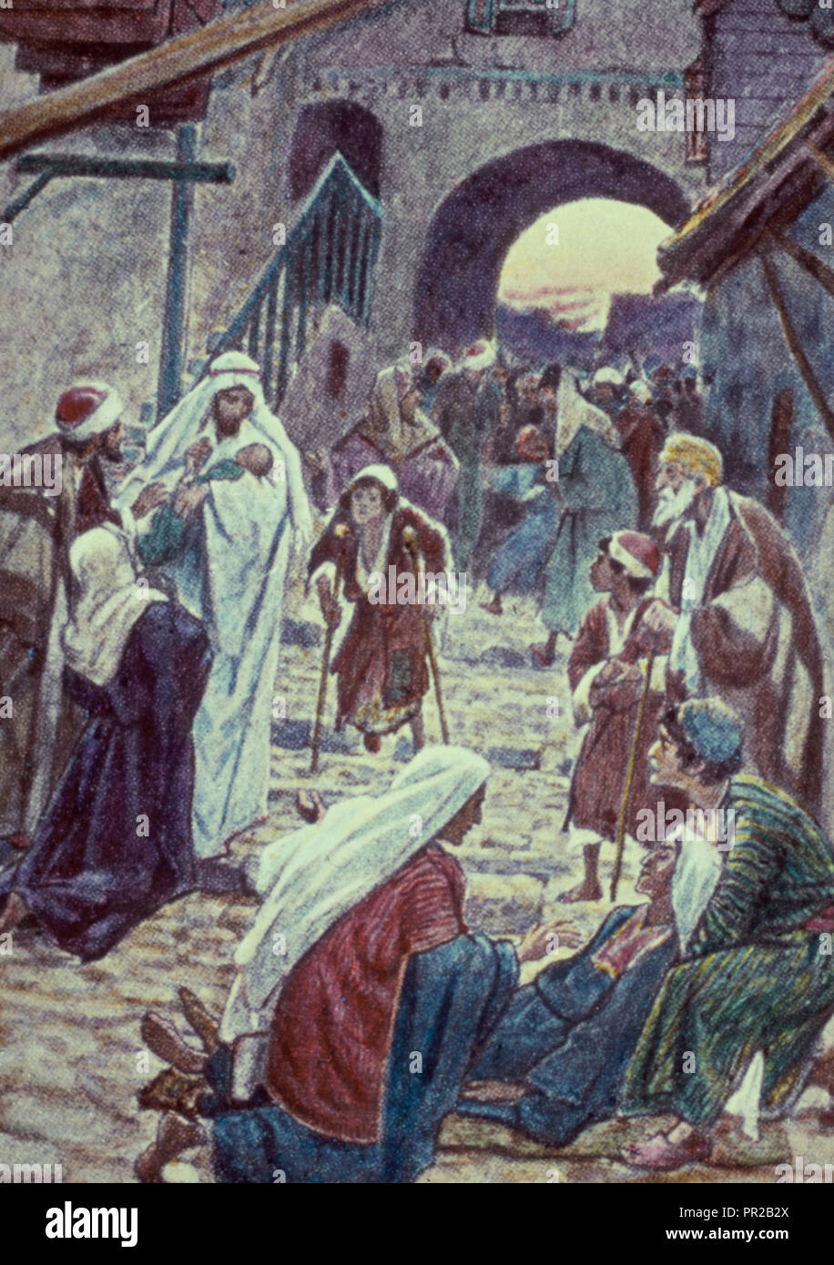 Mark 121,22; 32-34. Der Sabbat war, die Leute von Kapernaum, bringen ihn viele mit mancherlei Krankheiten betroffenen Stockfoto