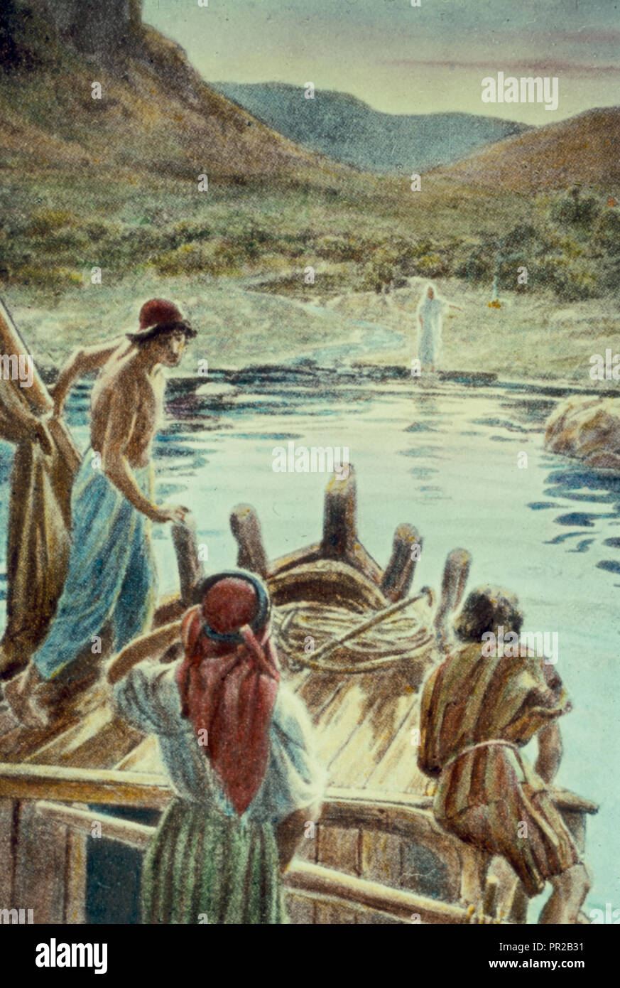 John 211-14. Einmal mehr zeigte sich Jesus zu Petrus und anderen, die vom See von Galiläa. 1950, Israel Stockfoto