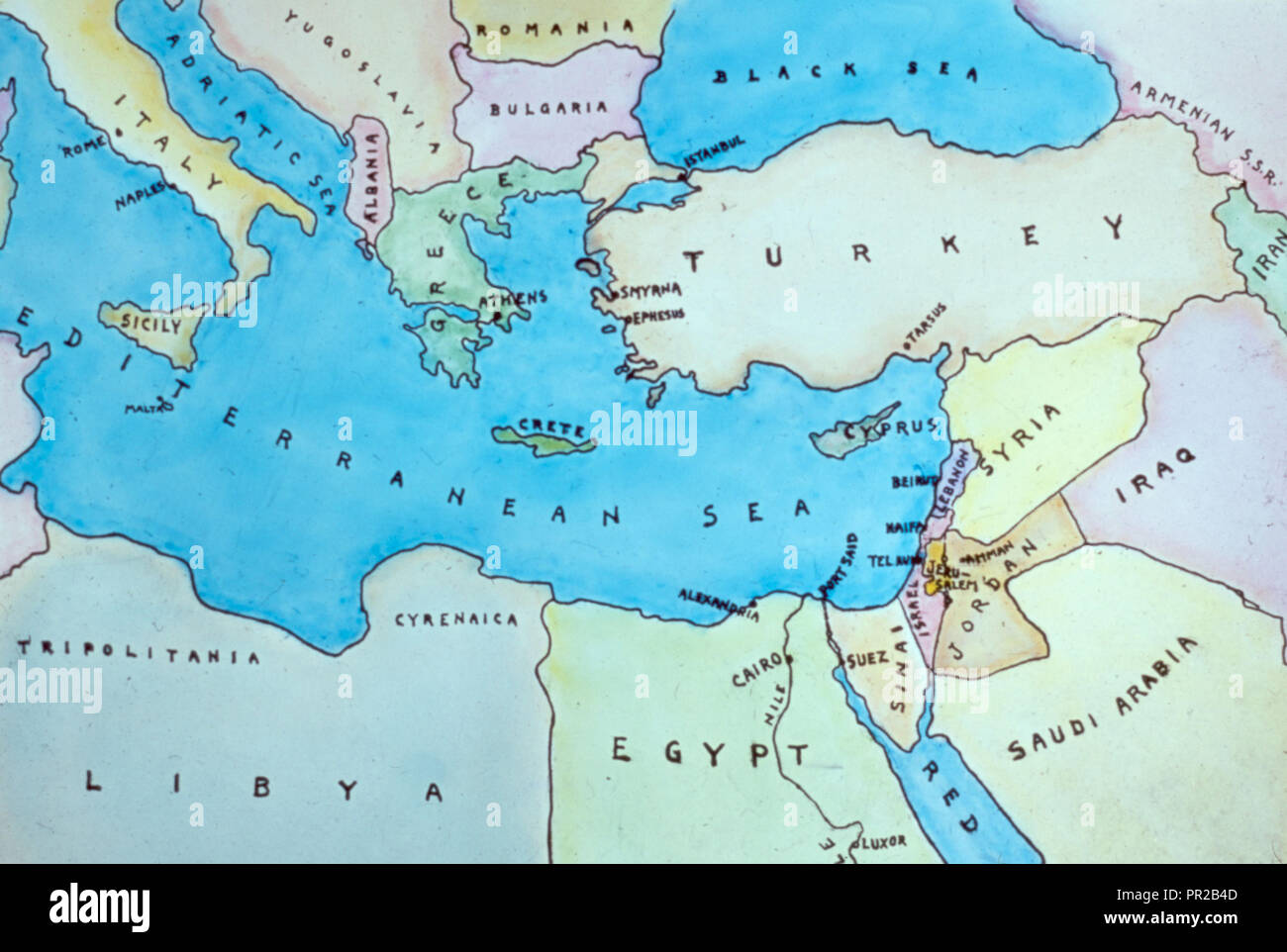 Modelle und Karten. Karte des östlichen Mittelmeerraums und den umliegenden Ländern. 1950, Naher Osten Stockfoto