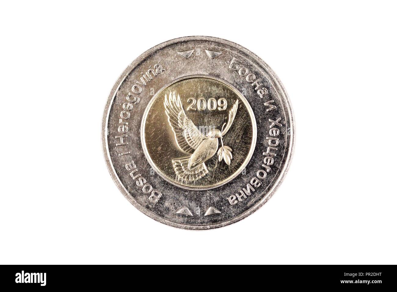 Ein Makro Bild eines Bosnischen 5 konvertible Mark Münze auf ...