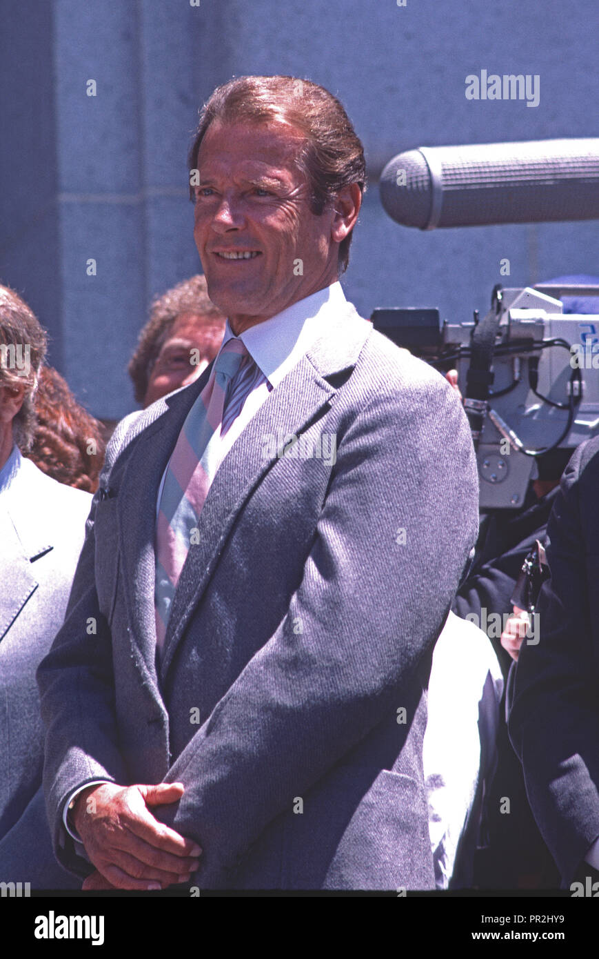 Schauspieler, Roger Moore in San Francisco während James Bond Tag, 1985 geehrt Stockfoto