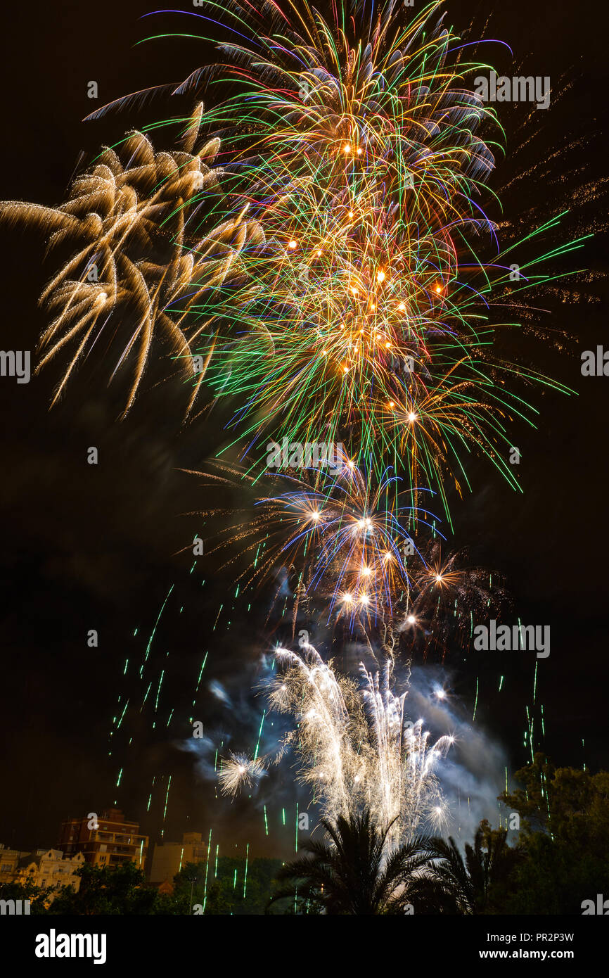 Eine bunte nächtliche Feuerwerk über dem trockenen Flussbett in Valencia, Spanien, für einen ihrer vielen pyrotechnischen schwere Feiern Stockfoto