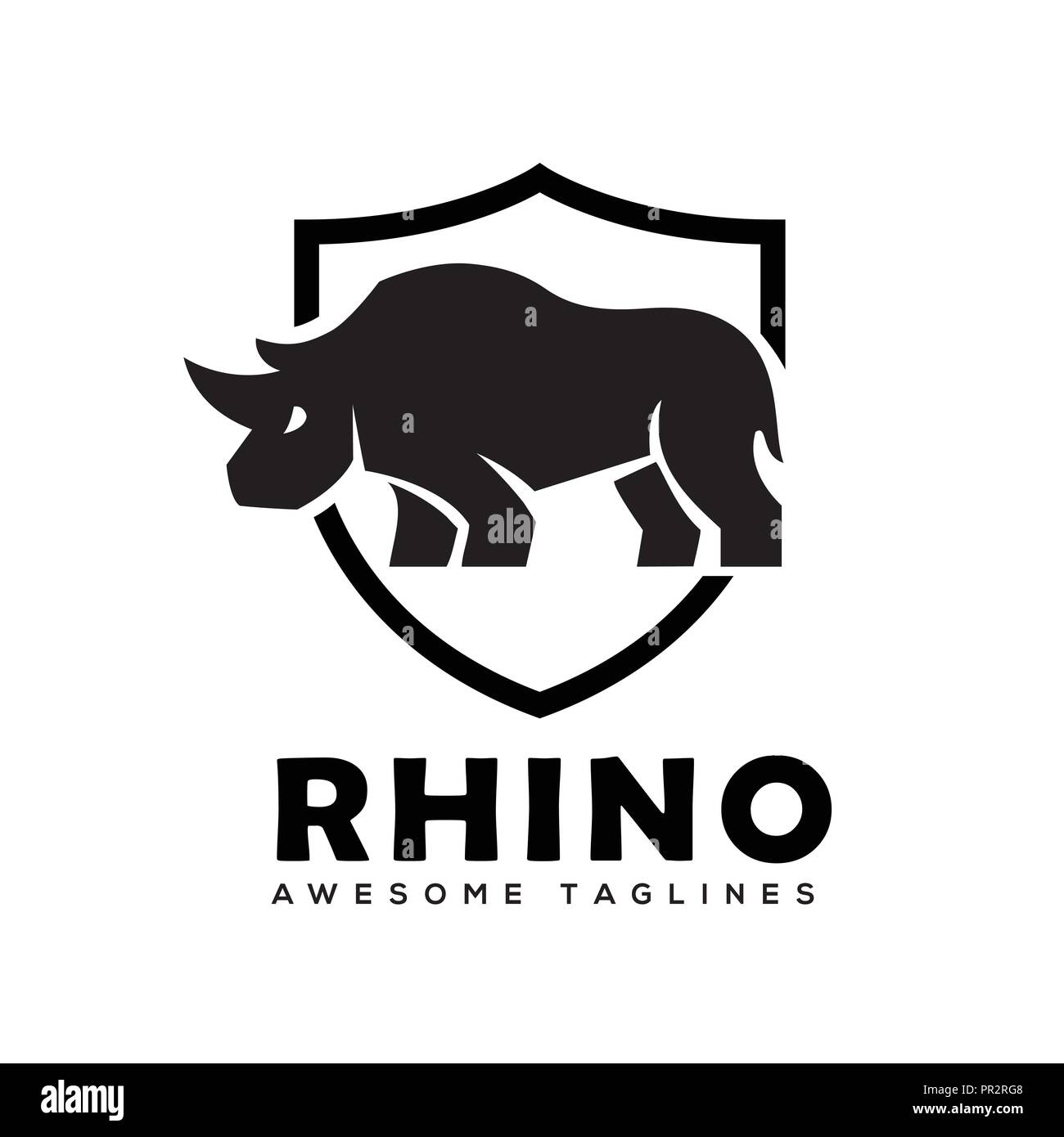 Rhino mit Shield Logo Vektor, Nashorn Shield Logo Schwarzweiß Farbe Business Template, Nashörner logo für Sport Club oder Team. Tierische Maskottchen Logo, Stock Vektor