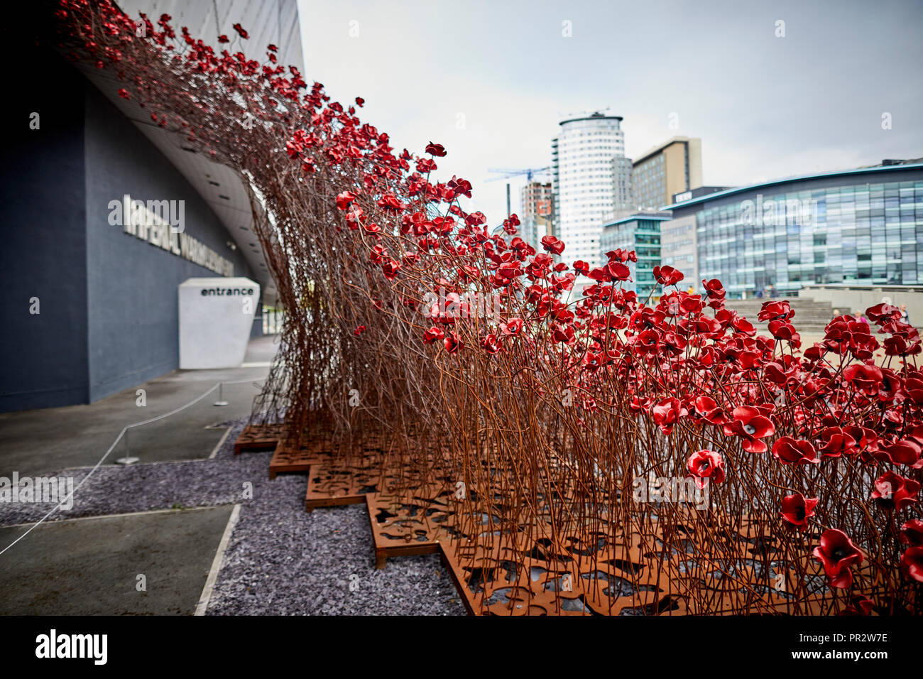IWMN Wave cascade mehrere Tausend handgefertigte Keramik Mohnblumen Skulpturen des Künstlers Paul Cummins und Designer Tom Piper im Imperial War Museum North Stockfoto