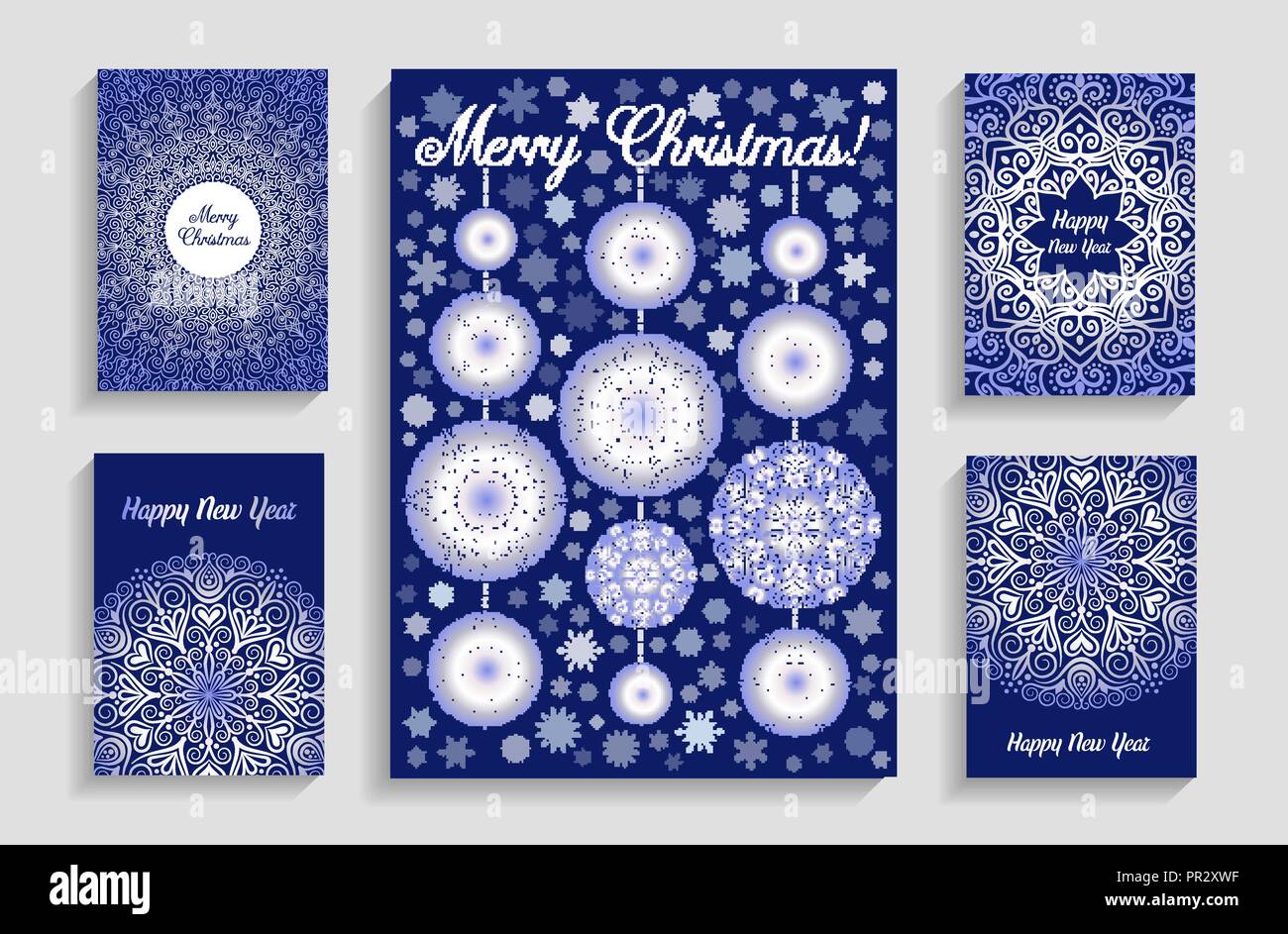 Weihnachtskarten mit Mandala Schneeflocken auf blauem Hintergrund Stock Vektor