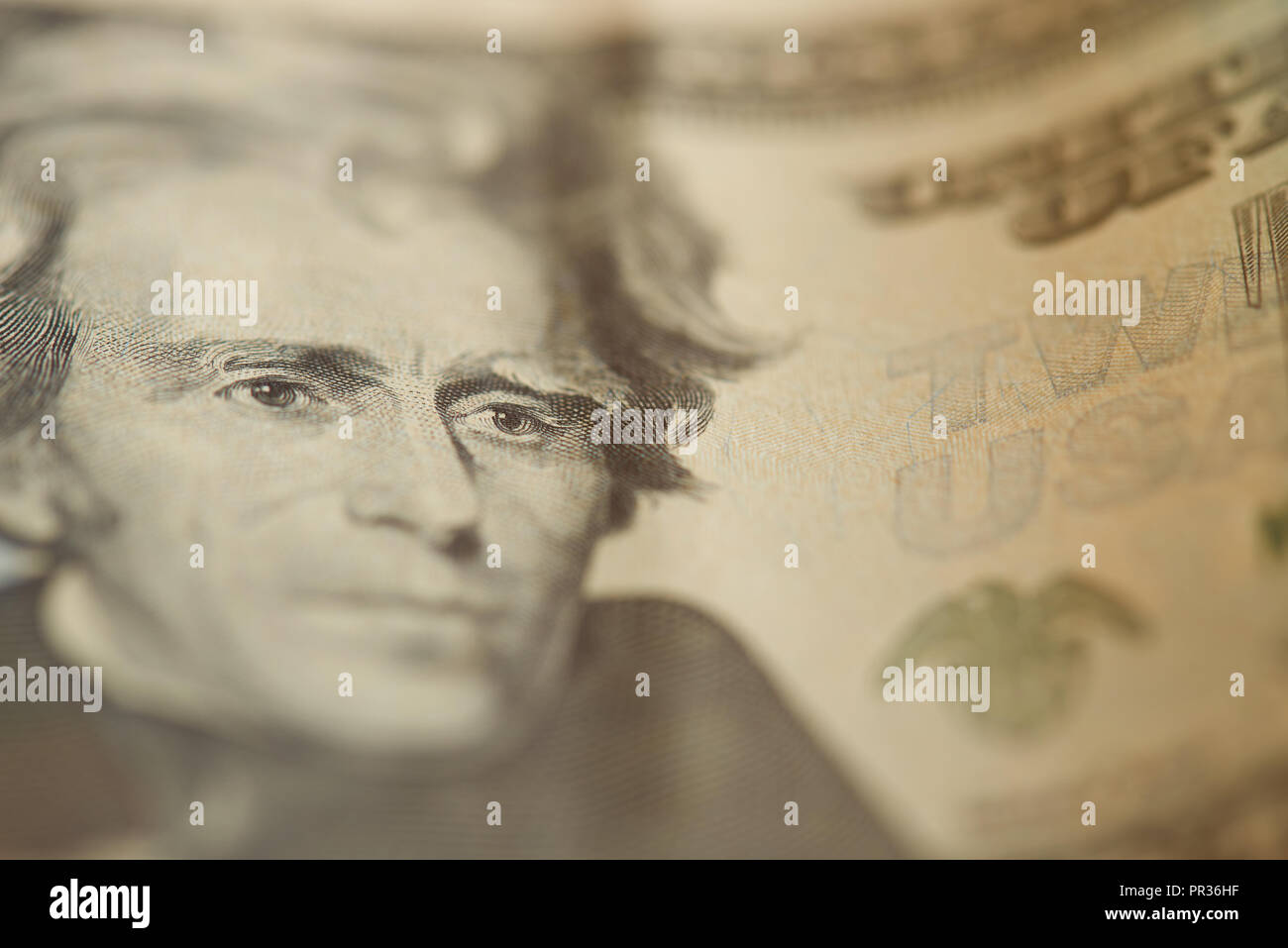 Jackson Präsident Portrait auf Dollar banknote Nähe zu sehen. Stockfoto