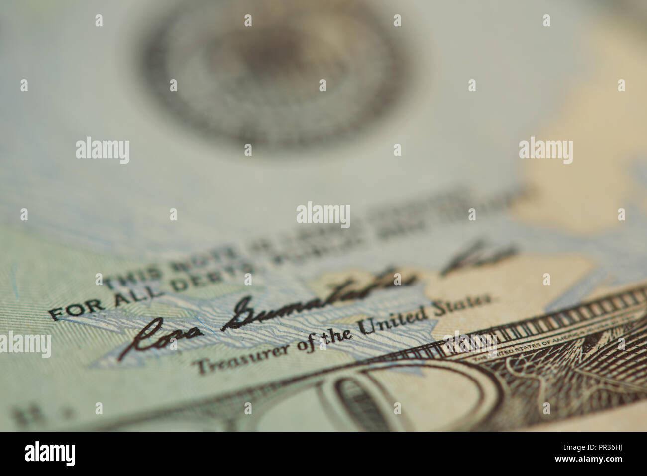 Signatur auf Dollar banknote Makro Nahaufnahme Stockfoto